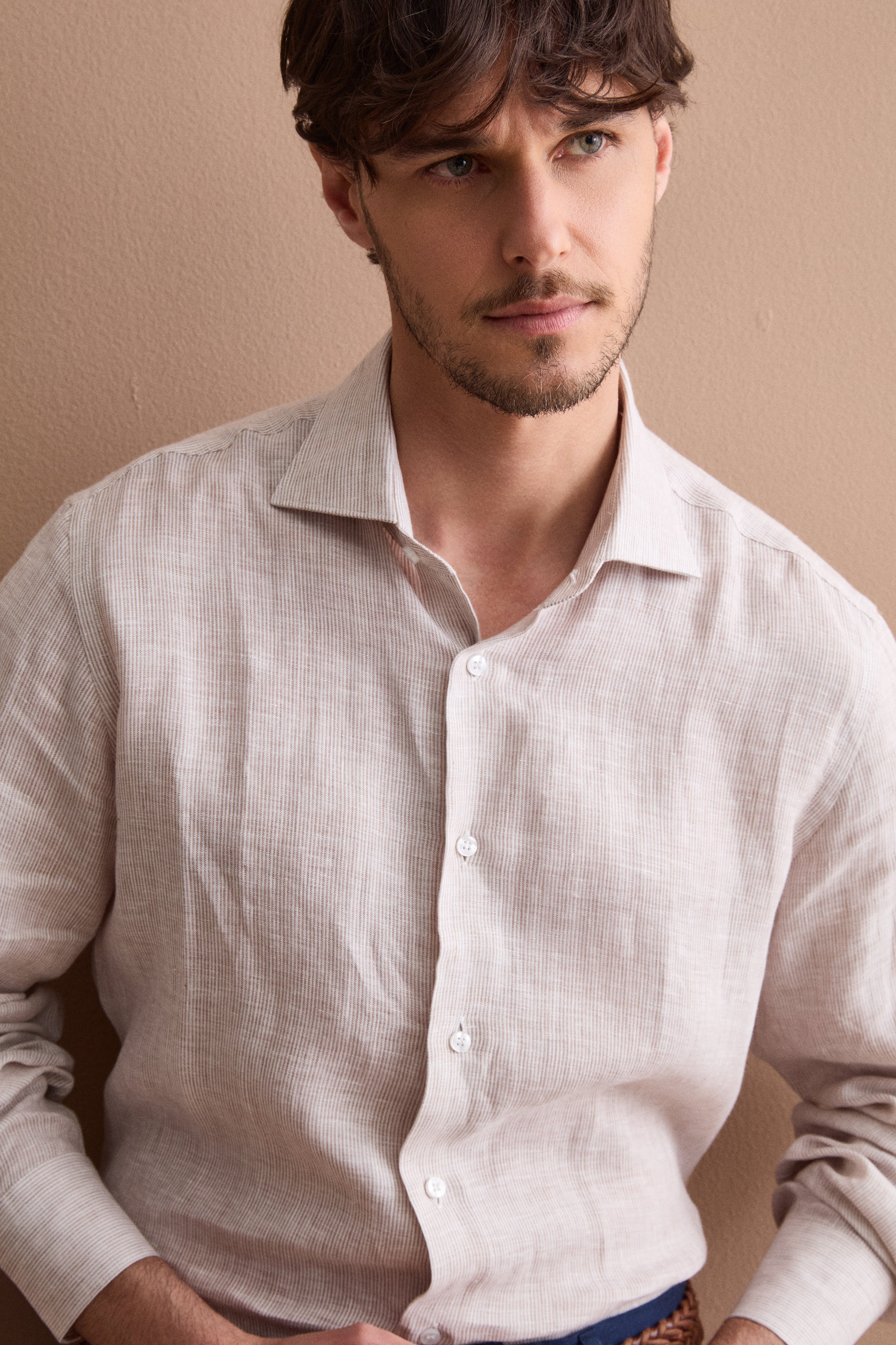 Men’s casual regular-fit linen shirt -Hazelnut striped