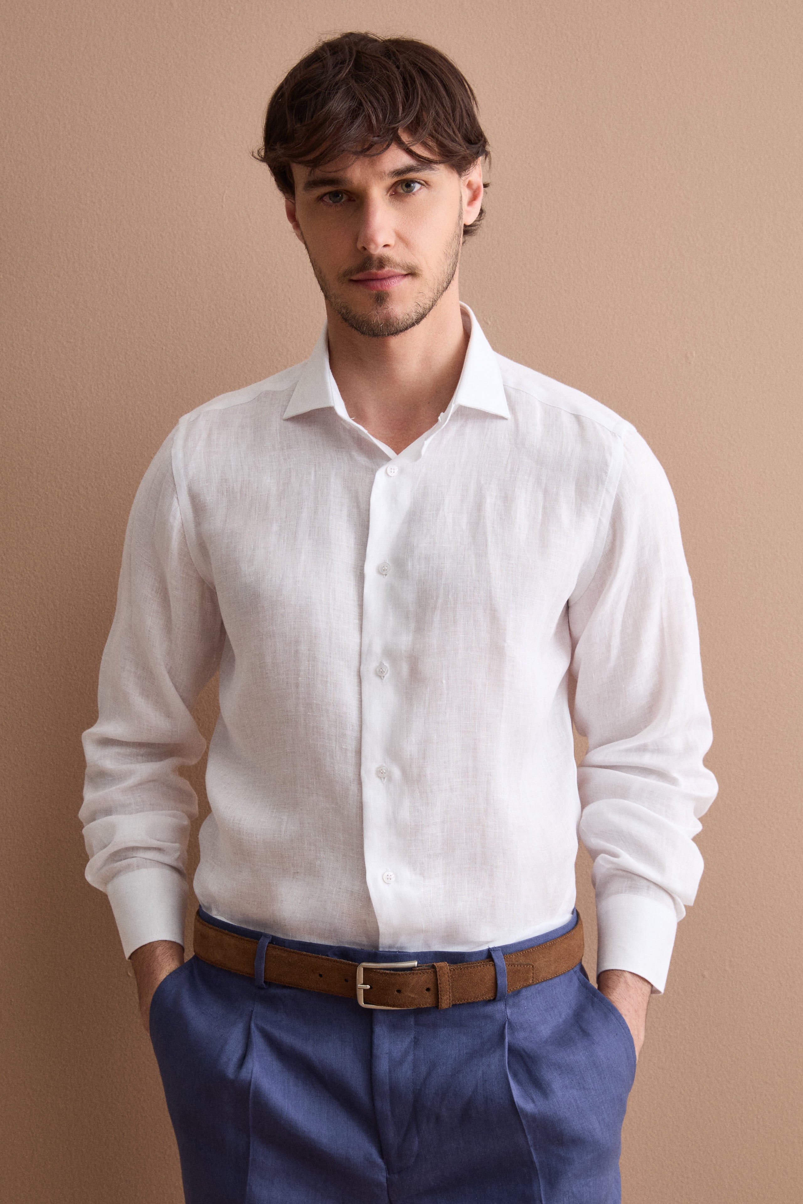 Men’s casual slim-fit linen shirt - WHITE