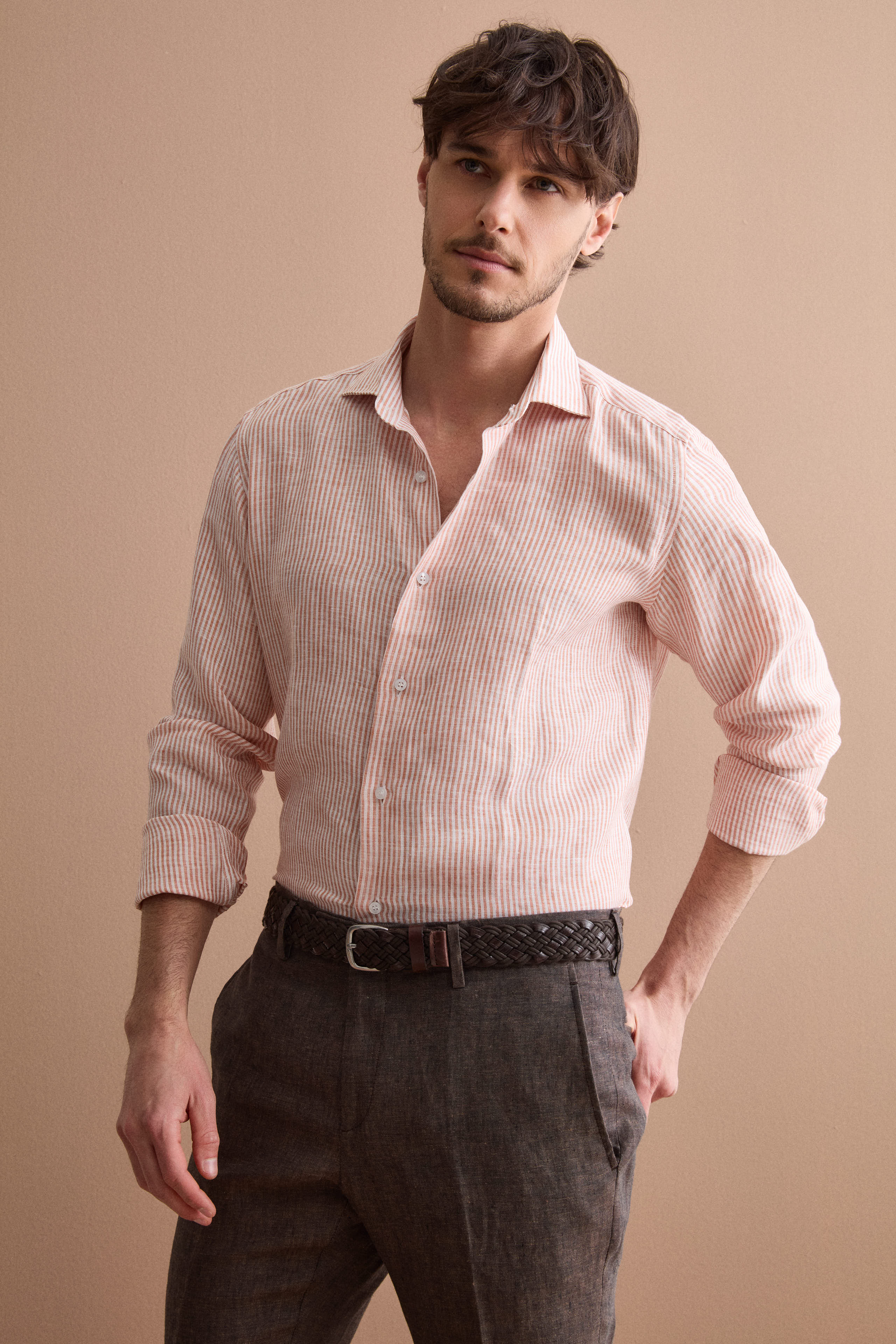 Striped linen custom-fit shirt - Rust Striped