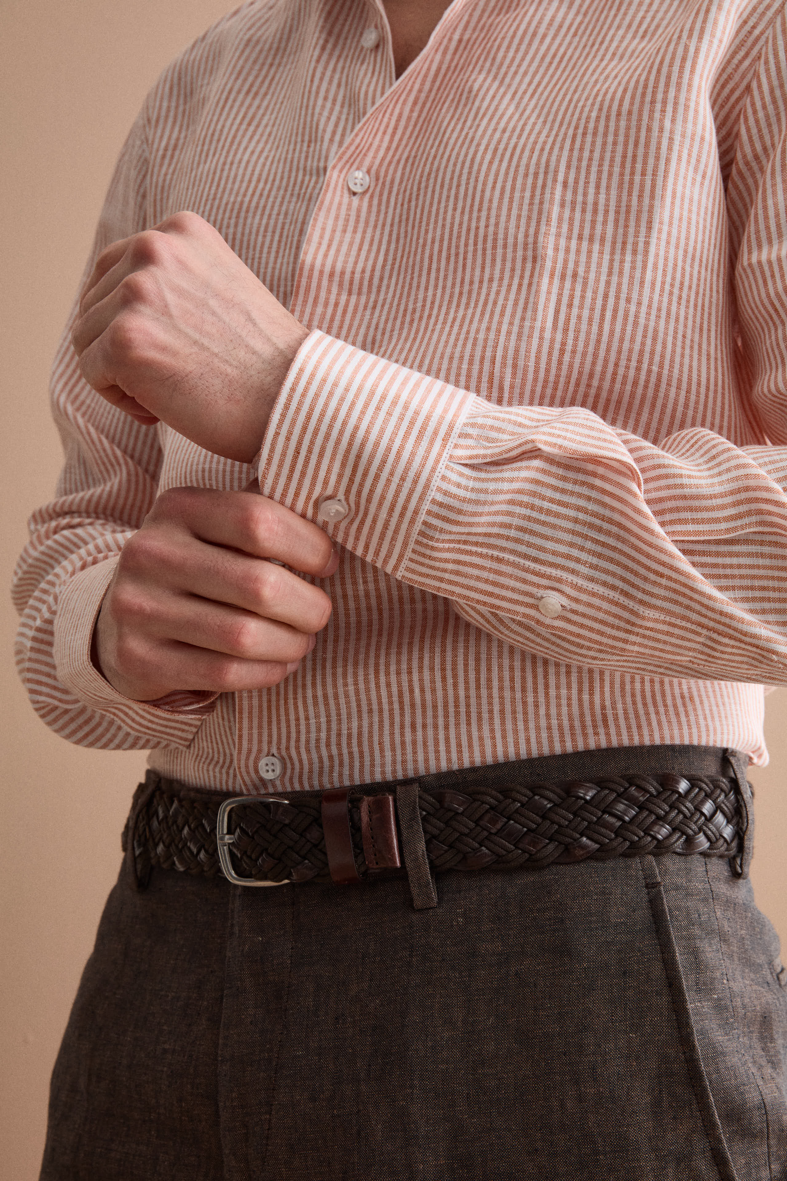Striped linen custom-fit shirt - Rust Striped