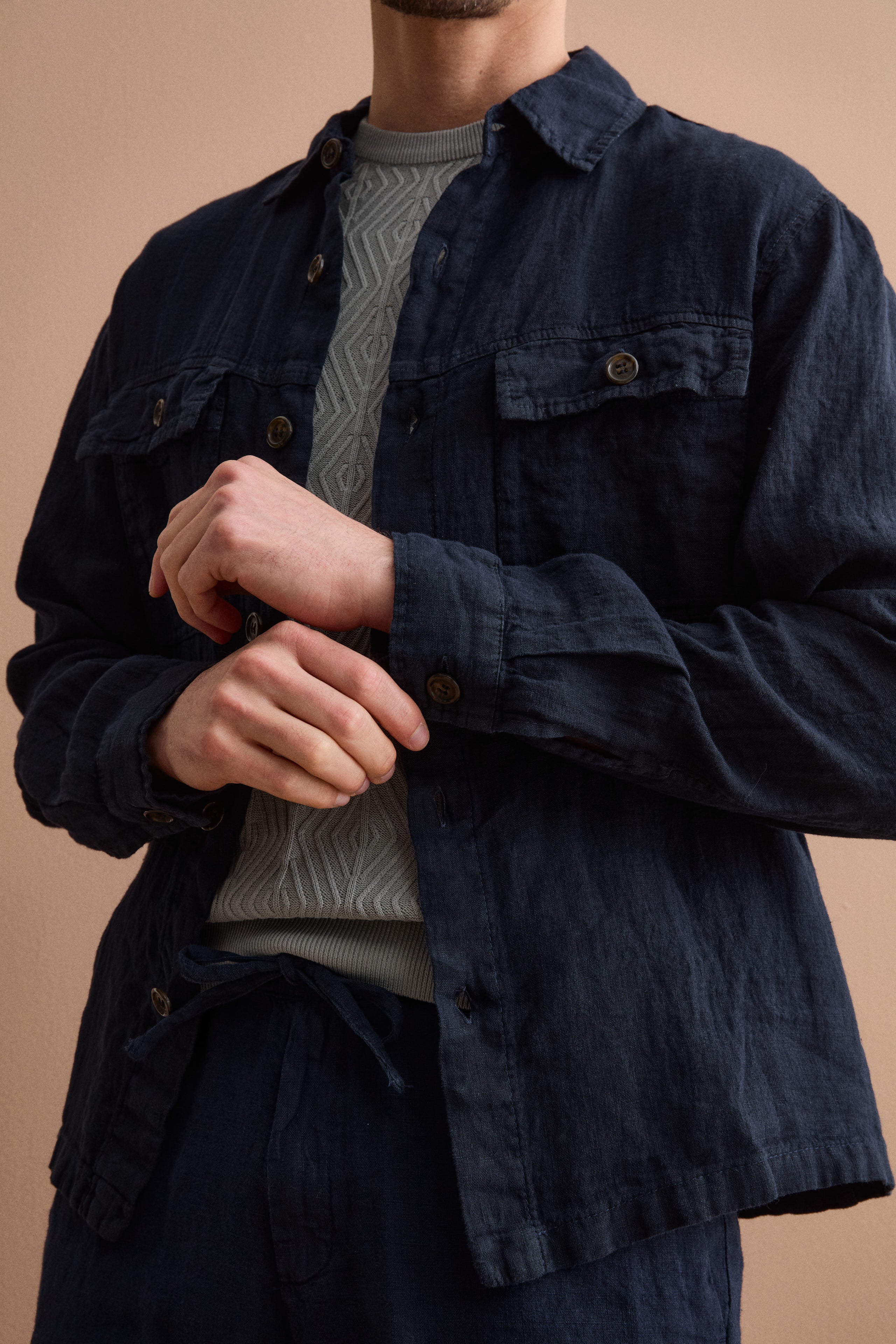 Linen Saharan Jacket with Pockets - BLUE