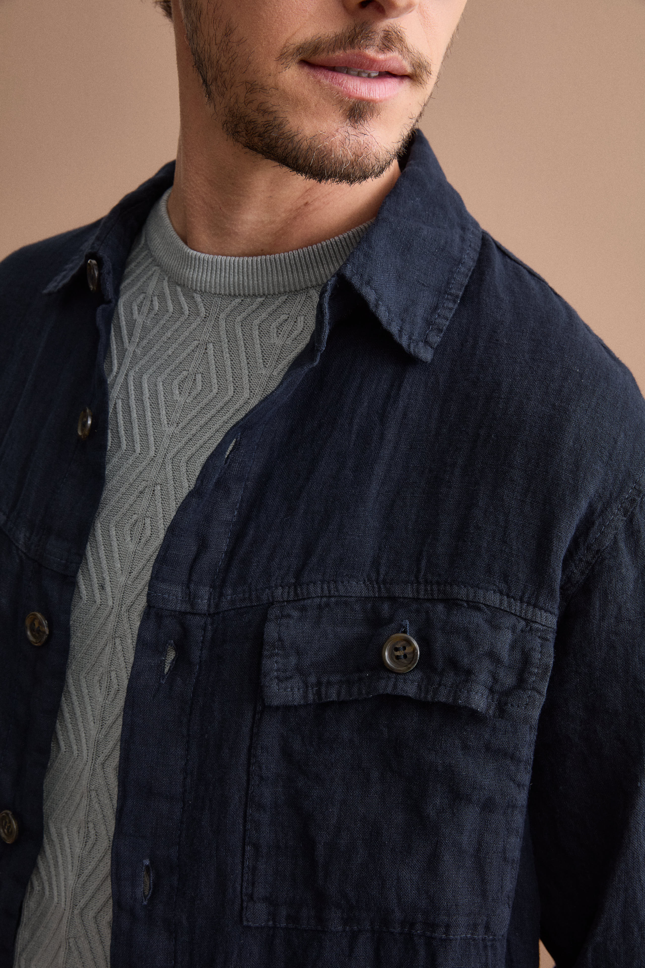 Linen Saharan Jacket with Pockets - BLUE