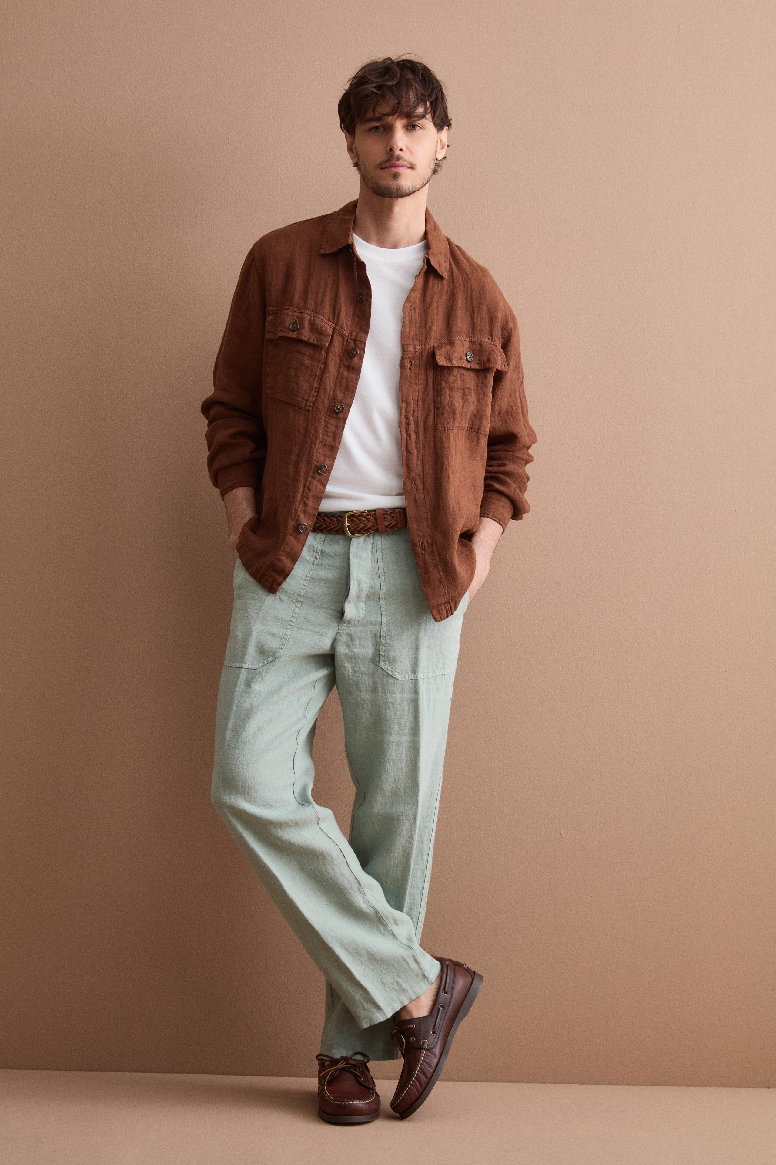 Linen Saharan Jacket with Pockets - brown