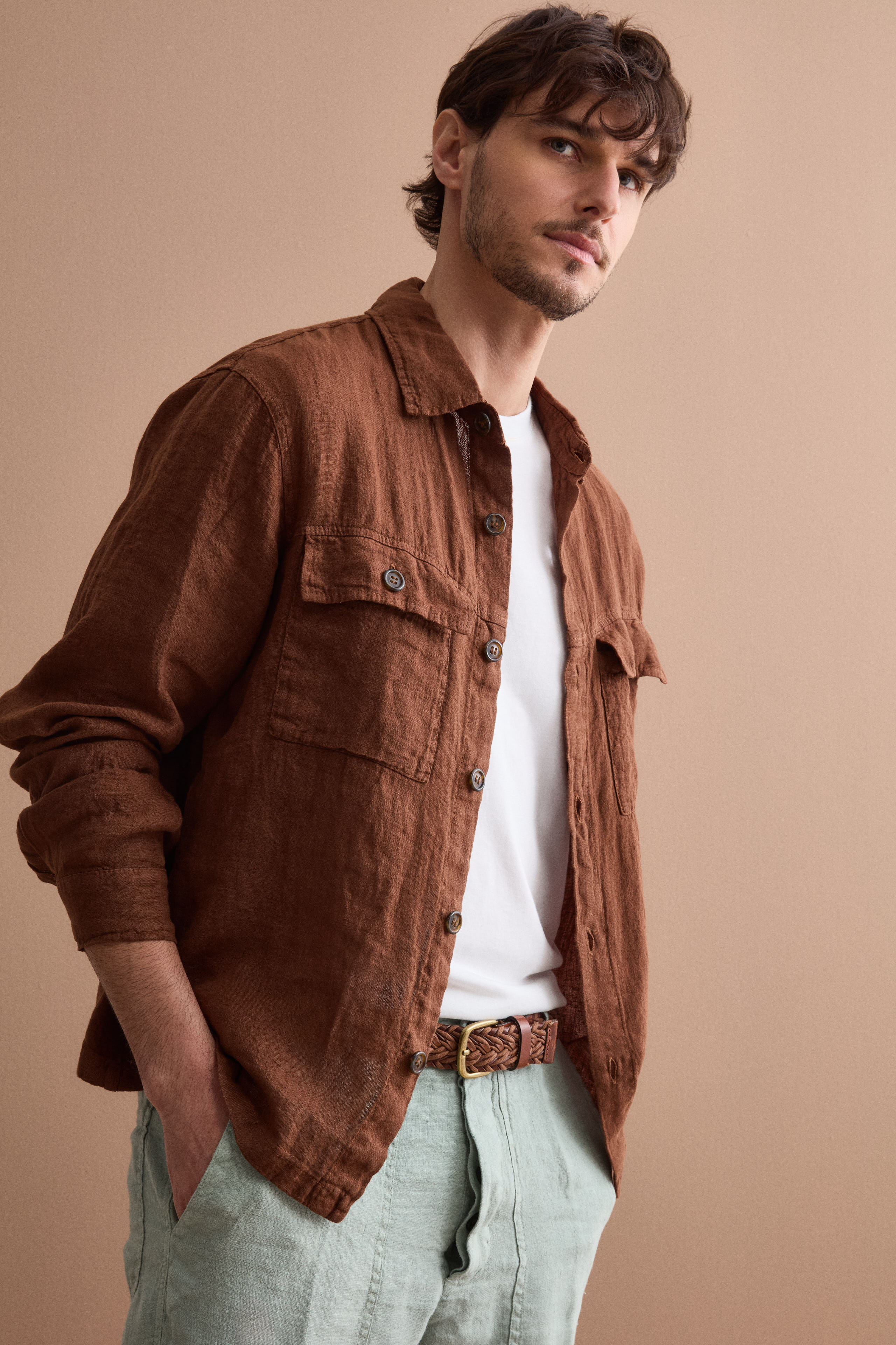 Linen Saharan Jacket with Pockets - brown