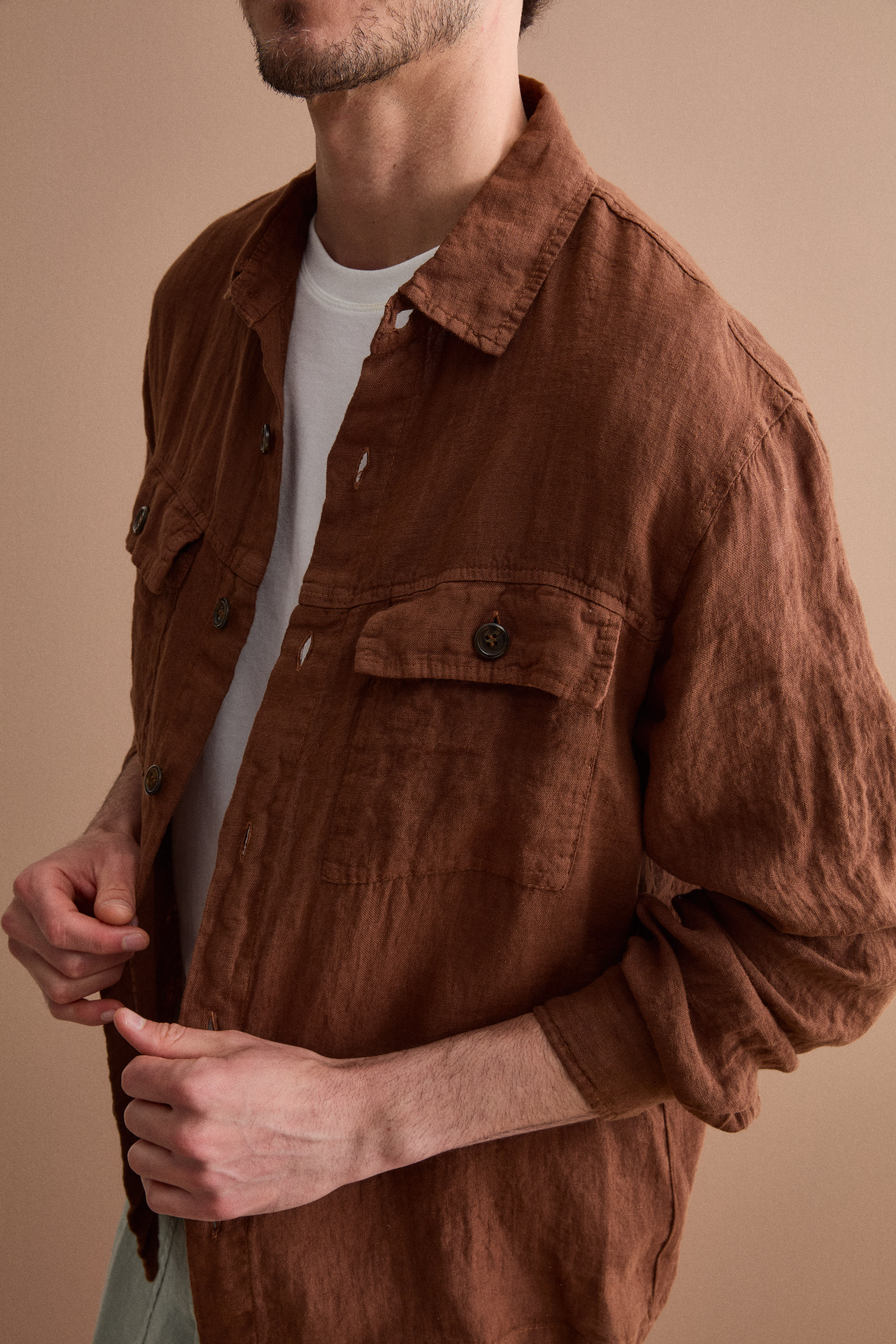 Linen Saharan Jacket with Pockets - brown