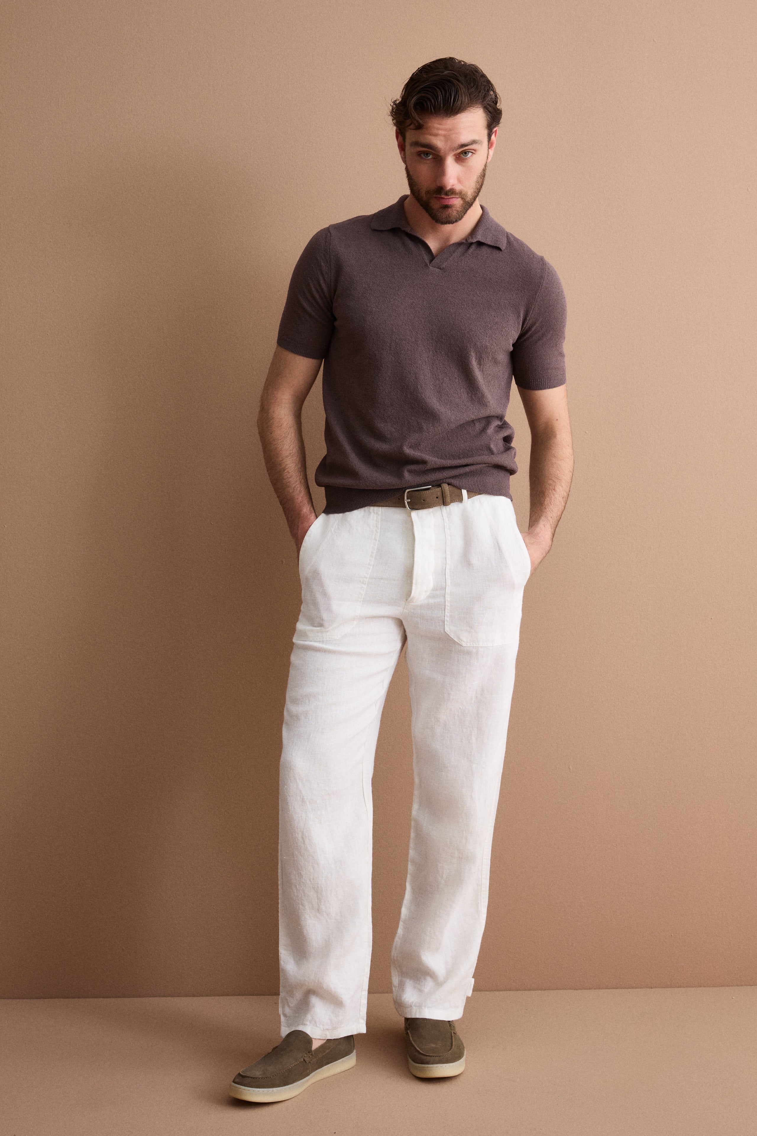 Pantalon Droit en Lin avec Poches et Patte de Serrage - CREAM
