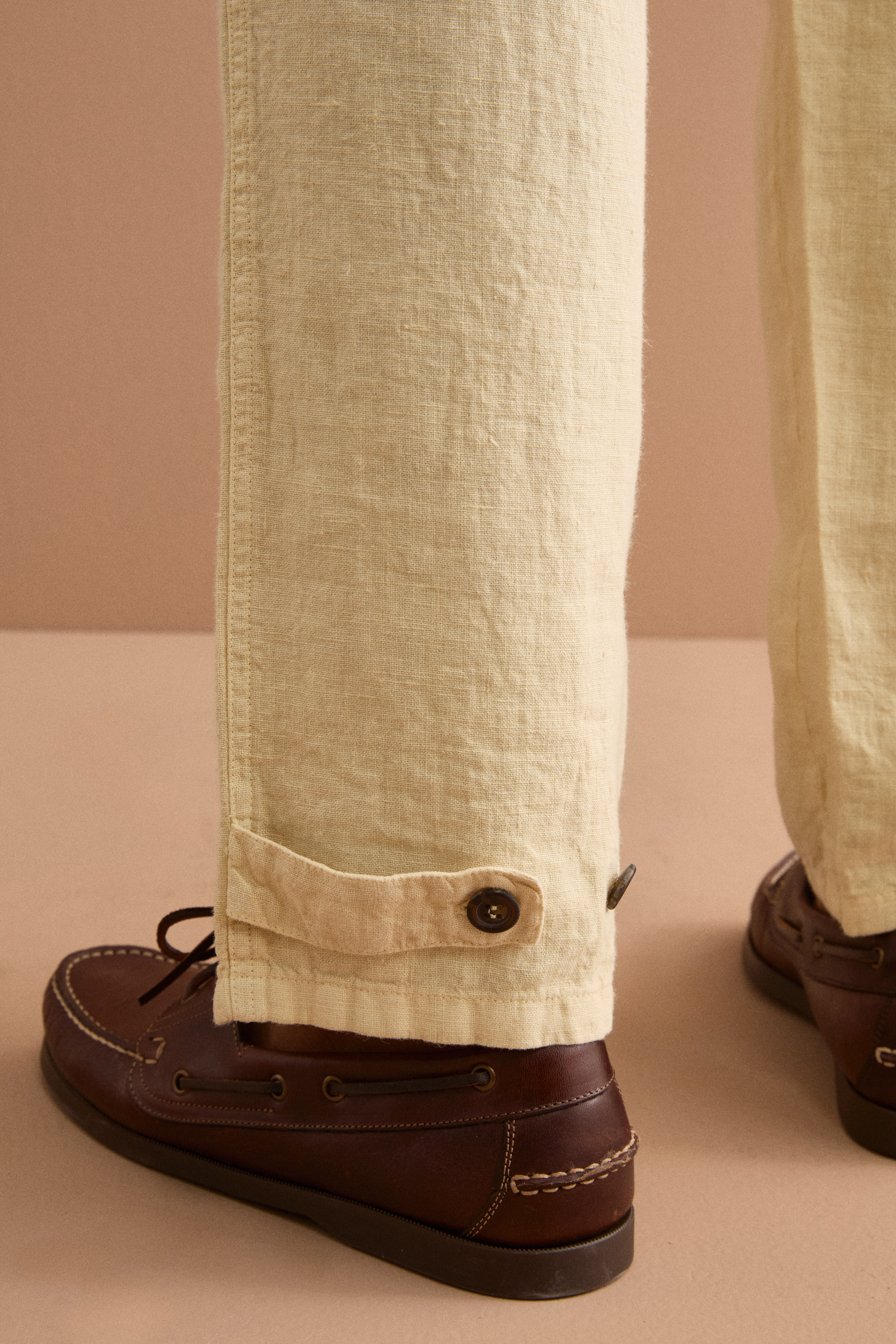 Straight-Linen-Hose mit Taschen und verstellbarem Beinabschluss - Sandbraun