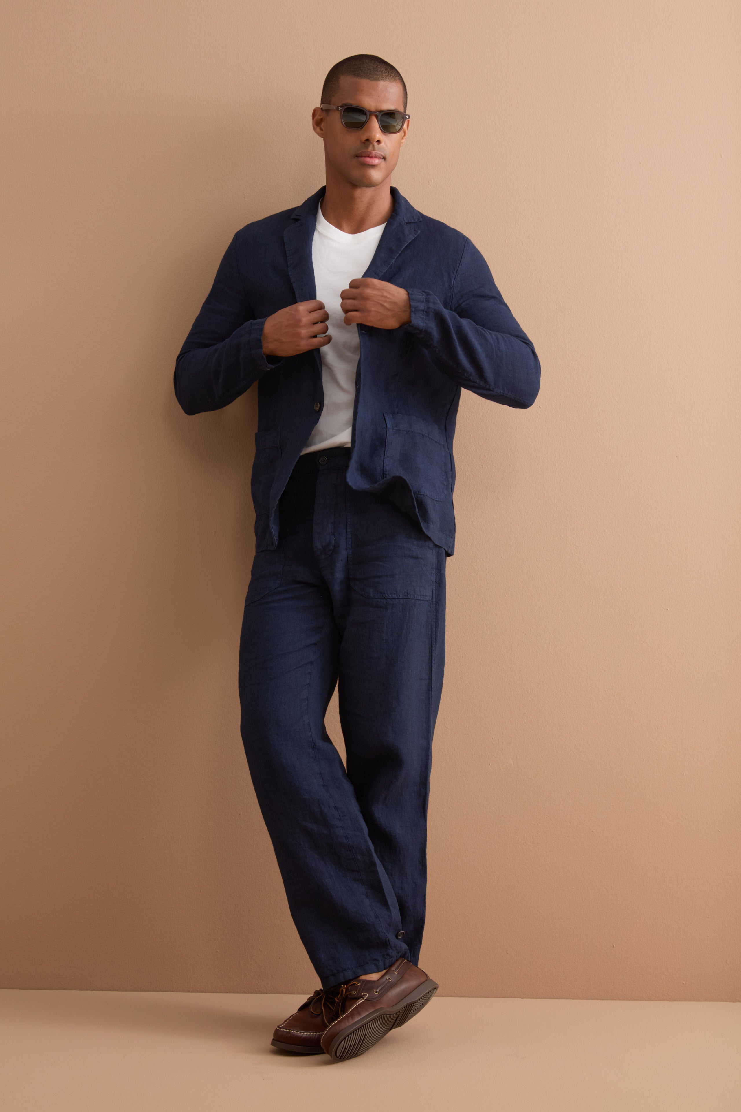 Straight-Linen-Hose mit Taschen und verstellbarem Beinabschluss - BLAU