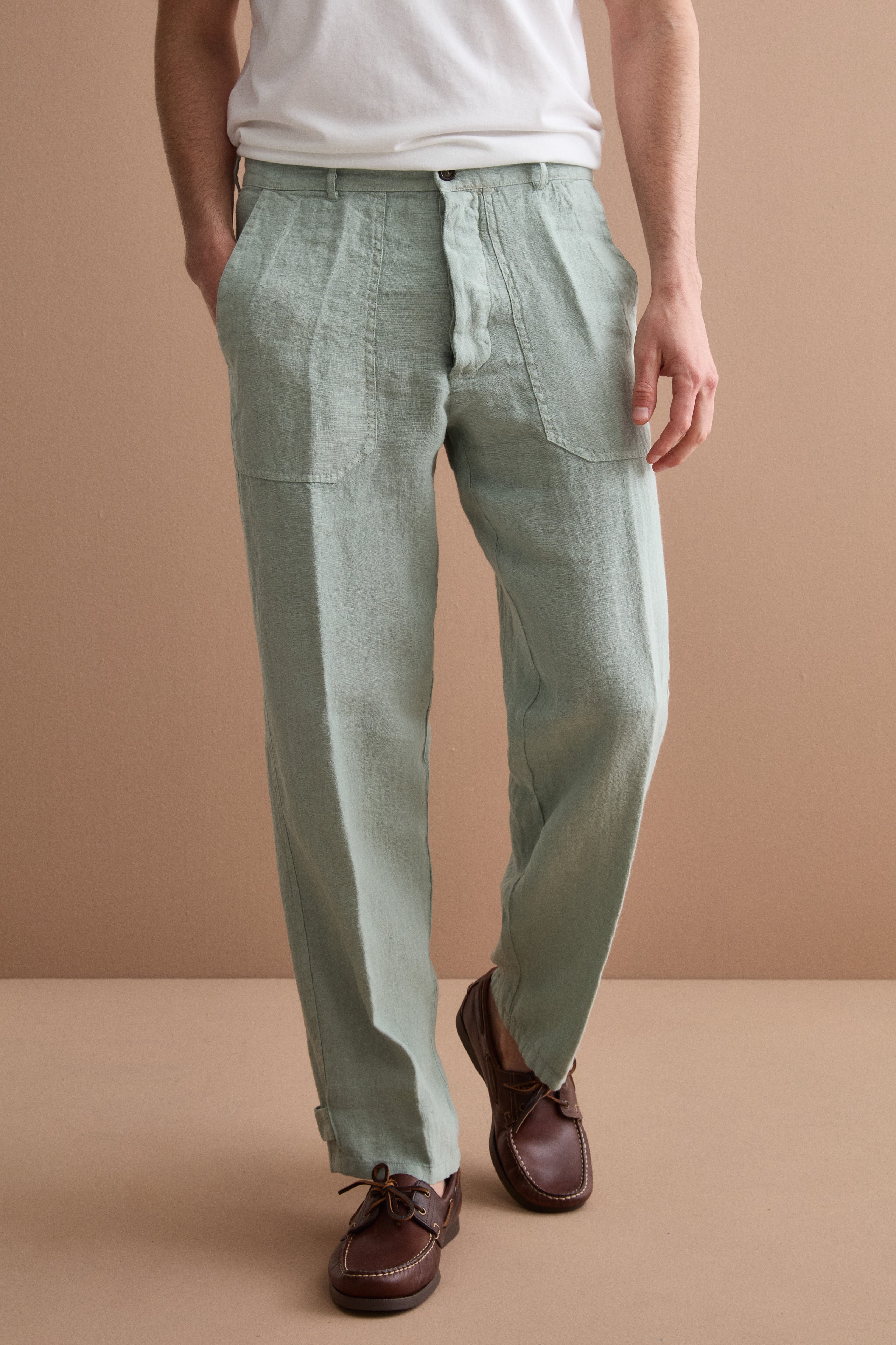 Straight-Linen-Hose mit Taschen und verstellbarem Beinabschluss - GRÜN