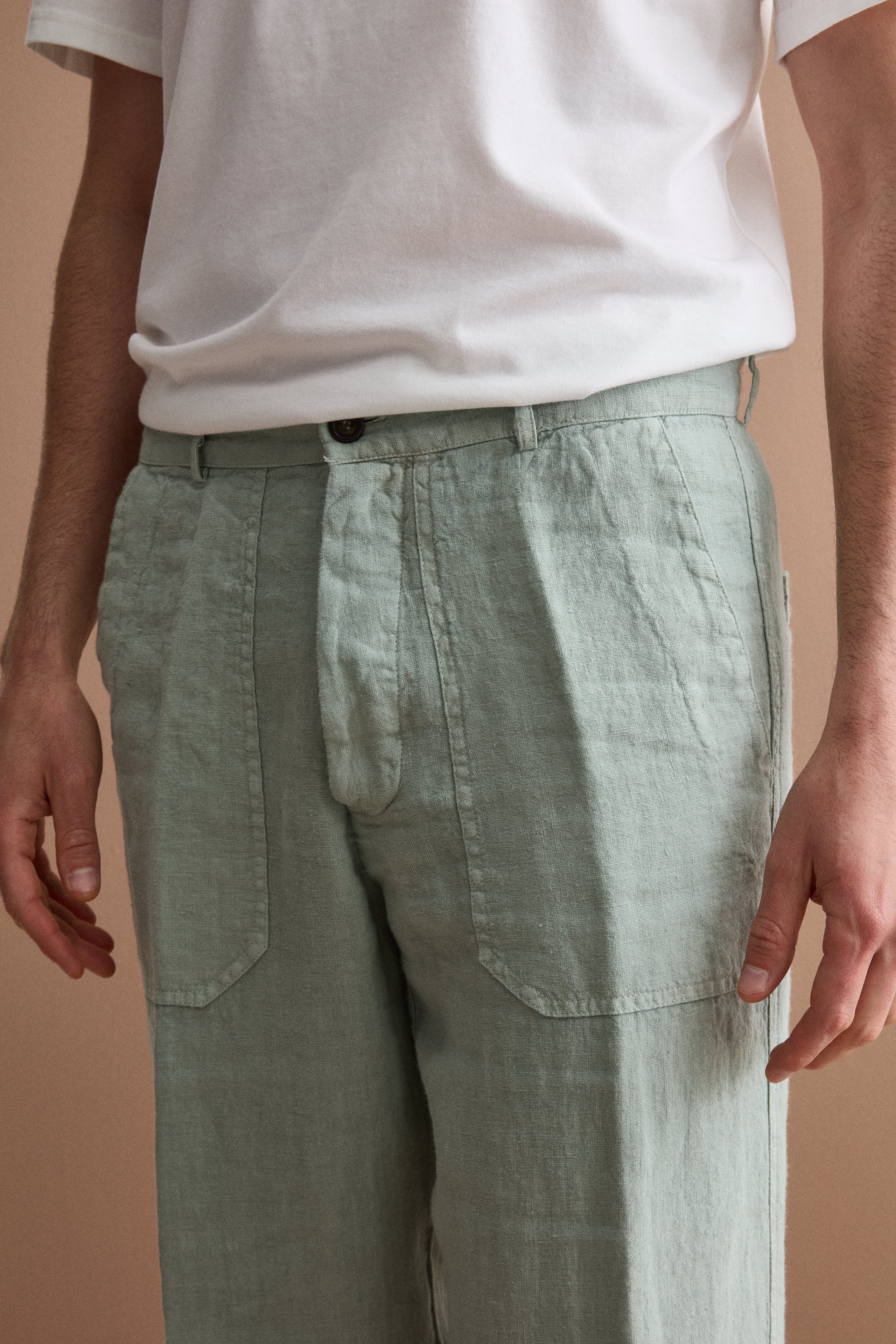 Straight-Linen-Hose mit Taschen und verstellbarem Beinabschluss - GRÜN