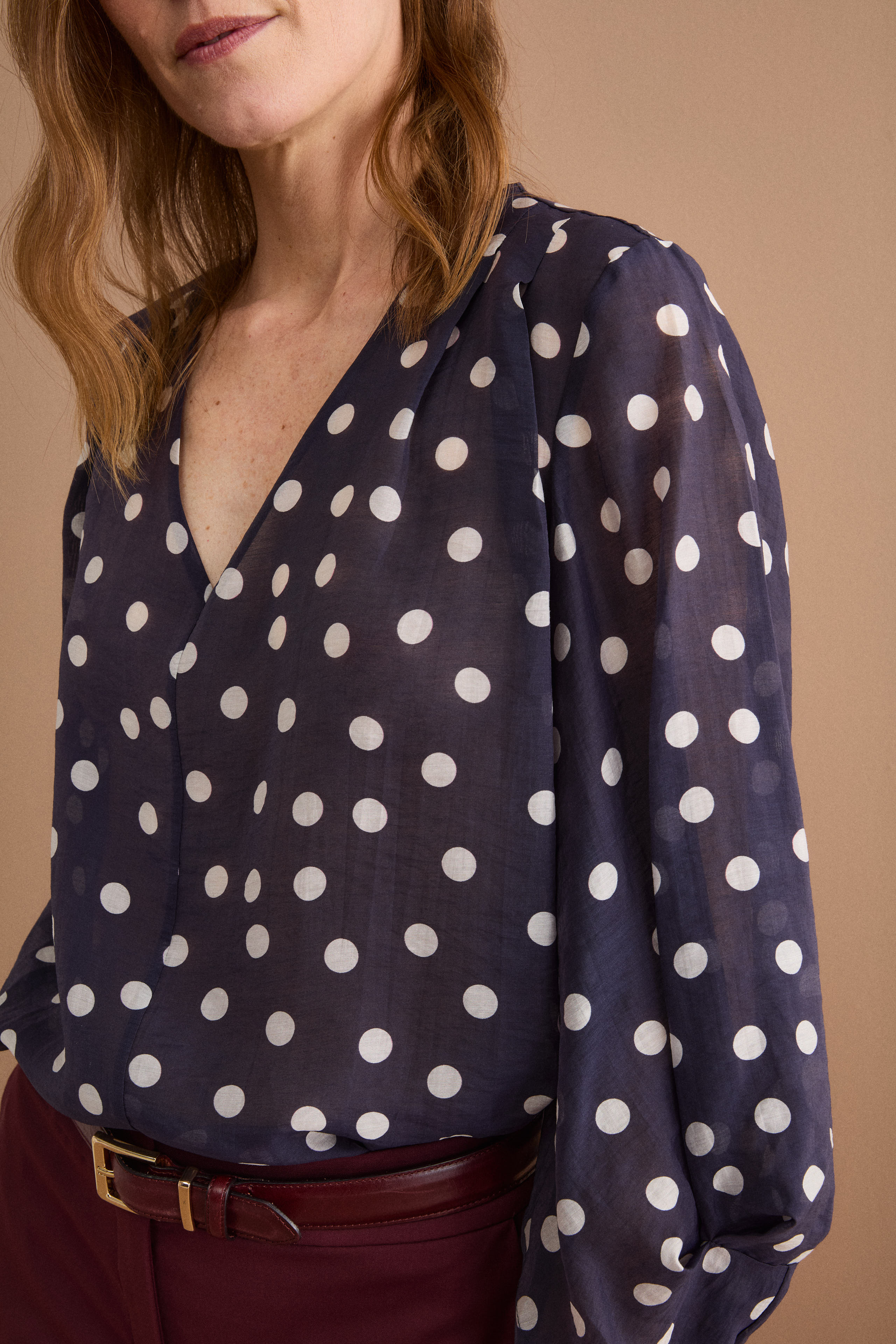 Oversized Polka Dot Blouse with V-Neck - Blue pattern