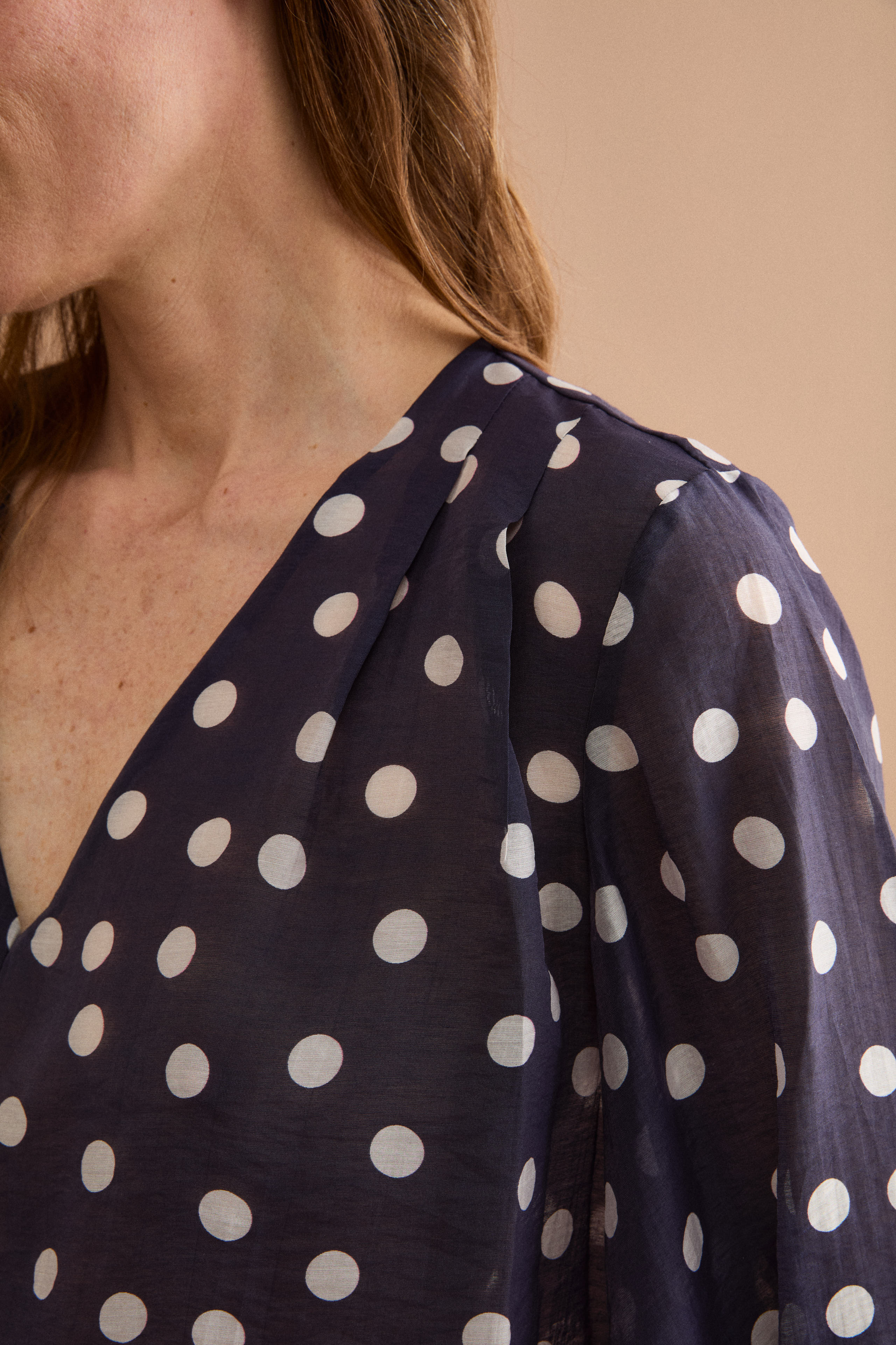 Oversized Polka Dot Blouse with V-Neck - Blue pattern