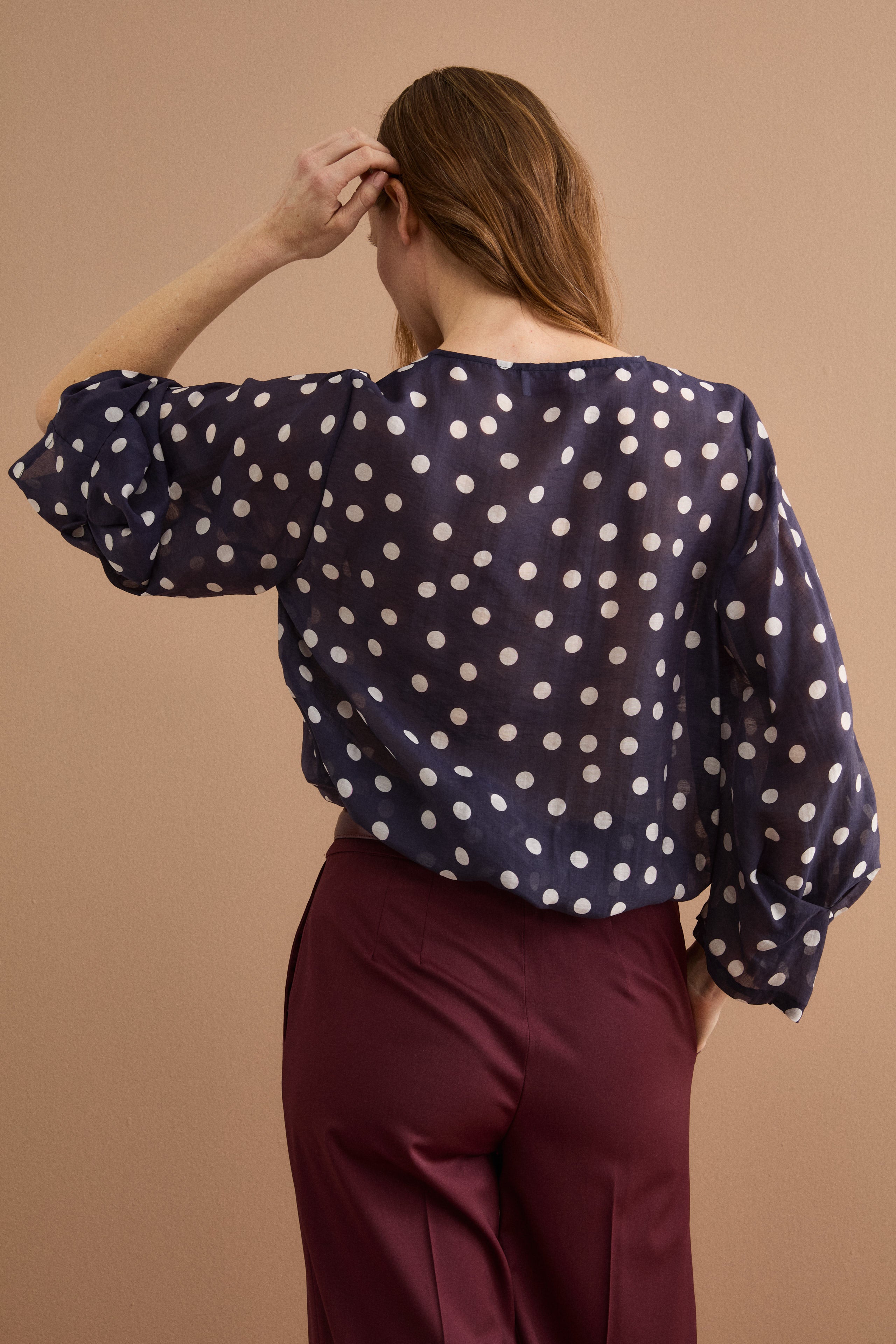 Oversized Polka Dot Blouse with V-Neck - Blue pattern