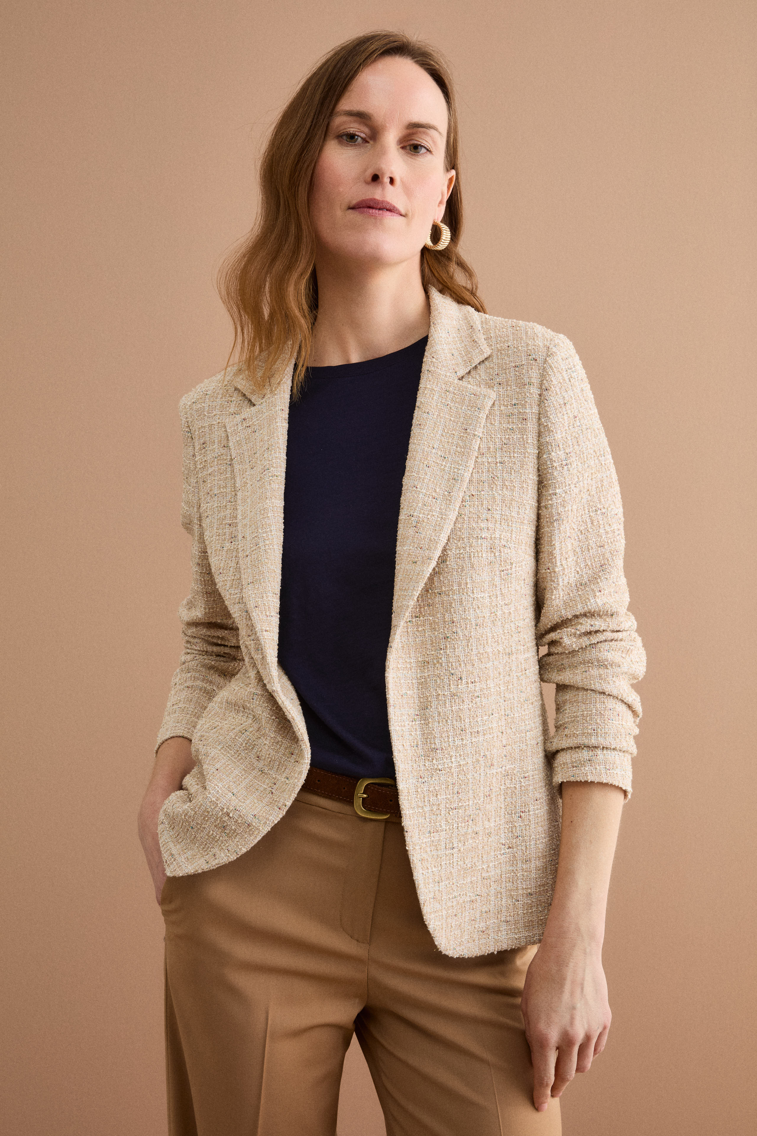 Giacca Aperta in Misto Cotone Bouclé con Lurex - BEIGE