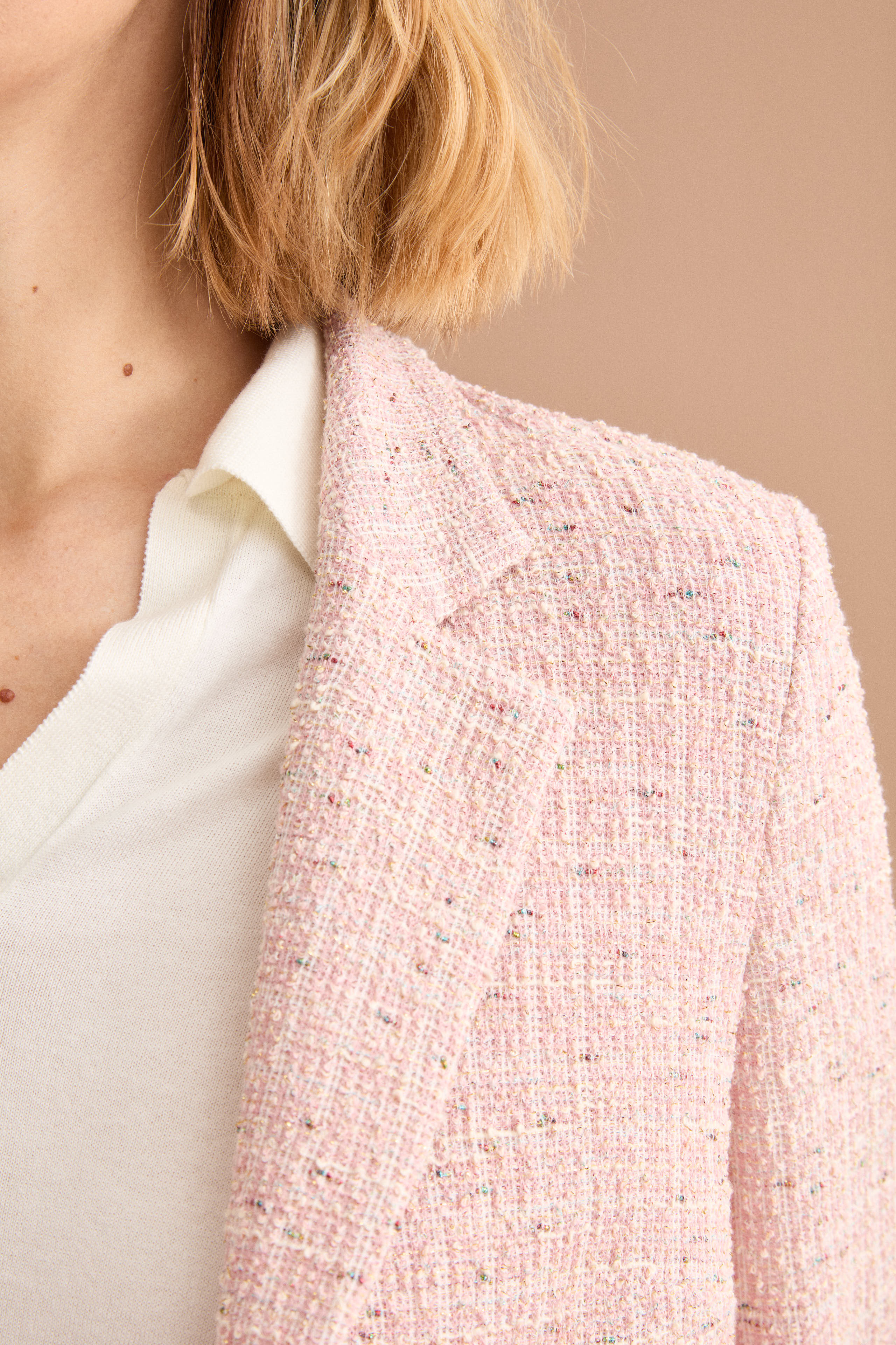 Open Bouclé Cotton Blend Jacket with Lurex - Pink