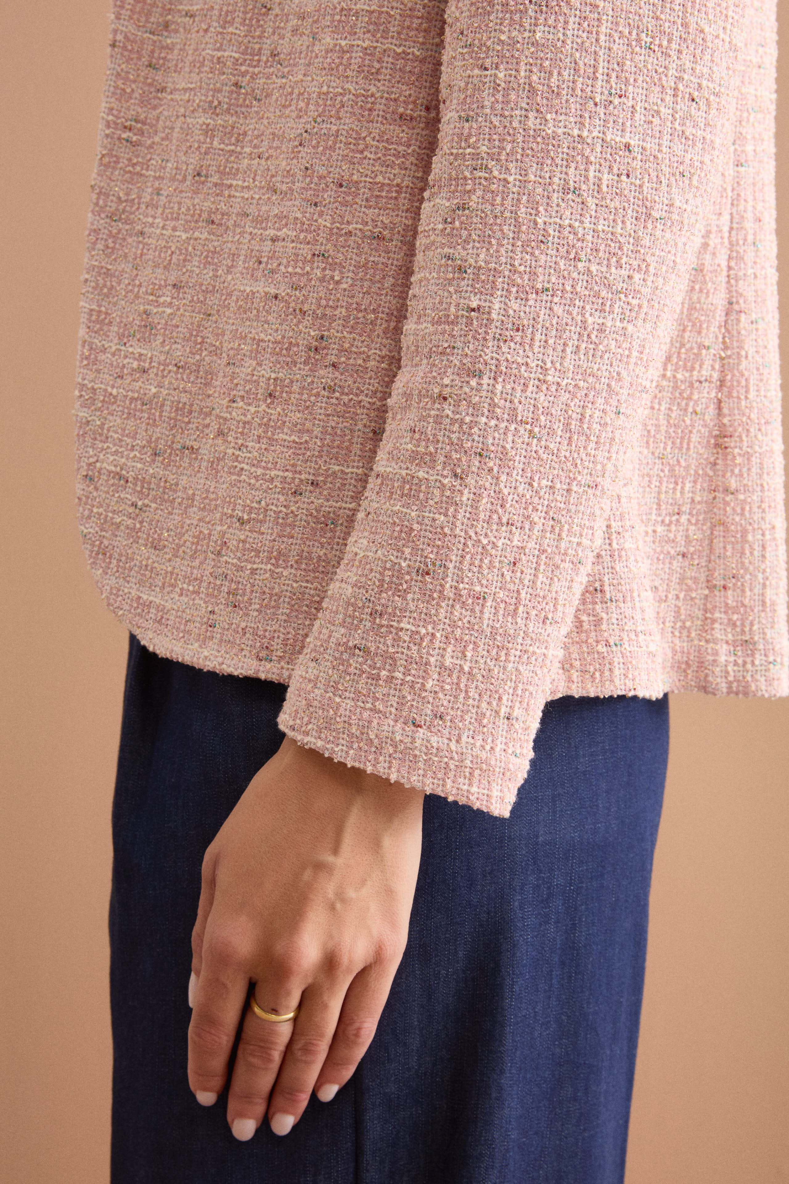 Open Bouclé Cotton Blend Jacket with Lurex - Pink