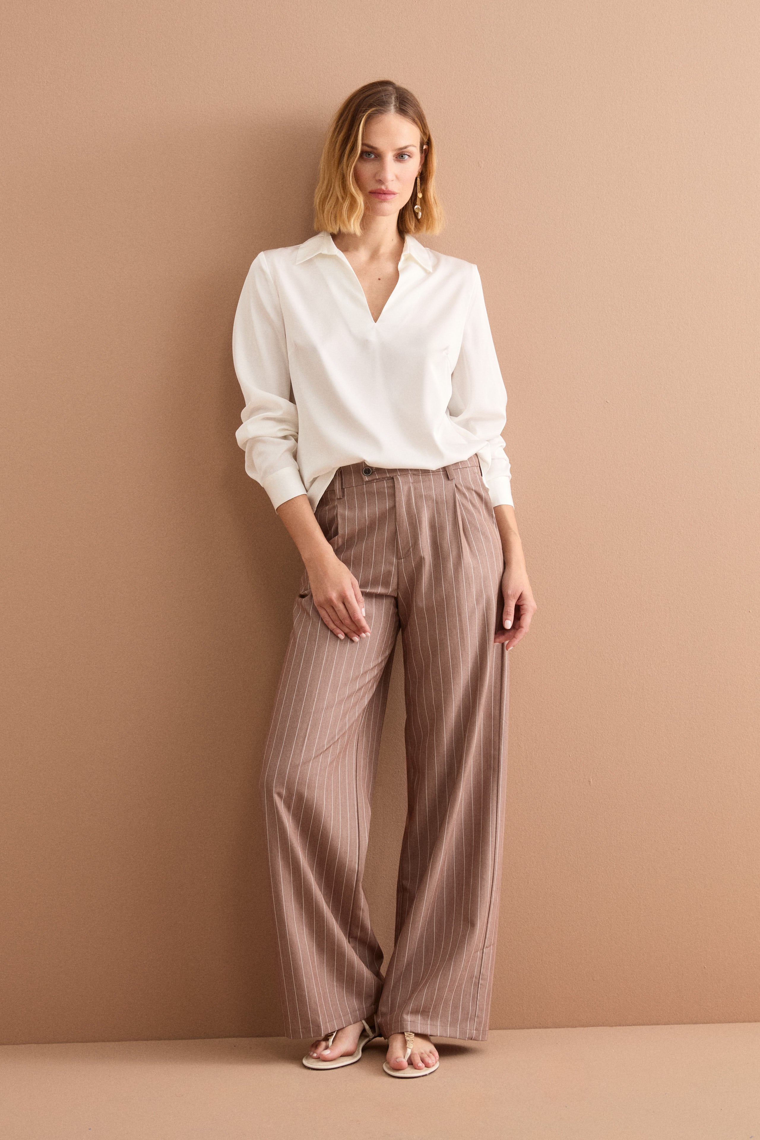 Oversized Elegant Blouse with Shirt Collar - CREAM