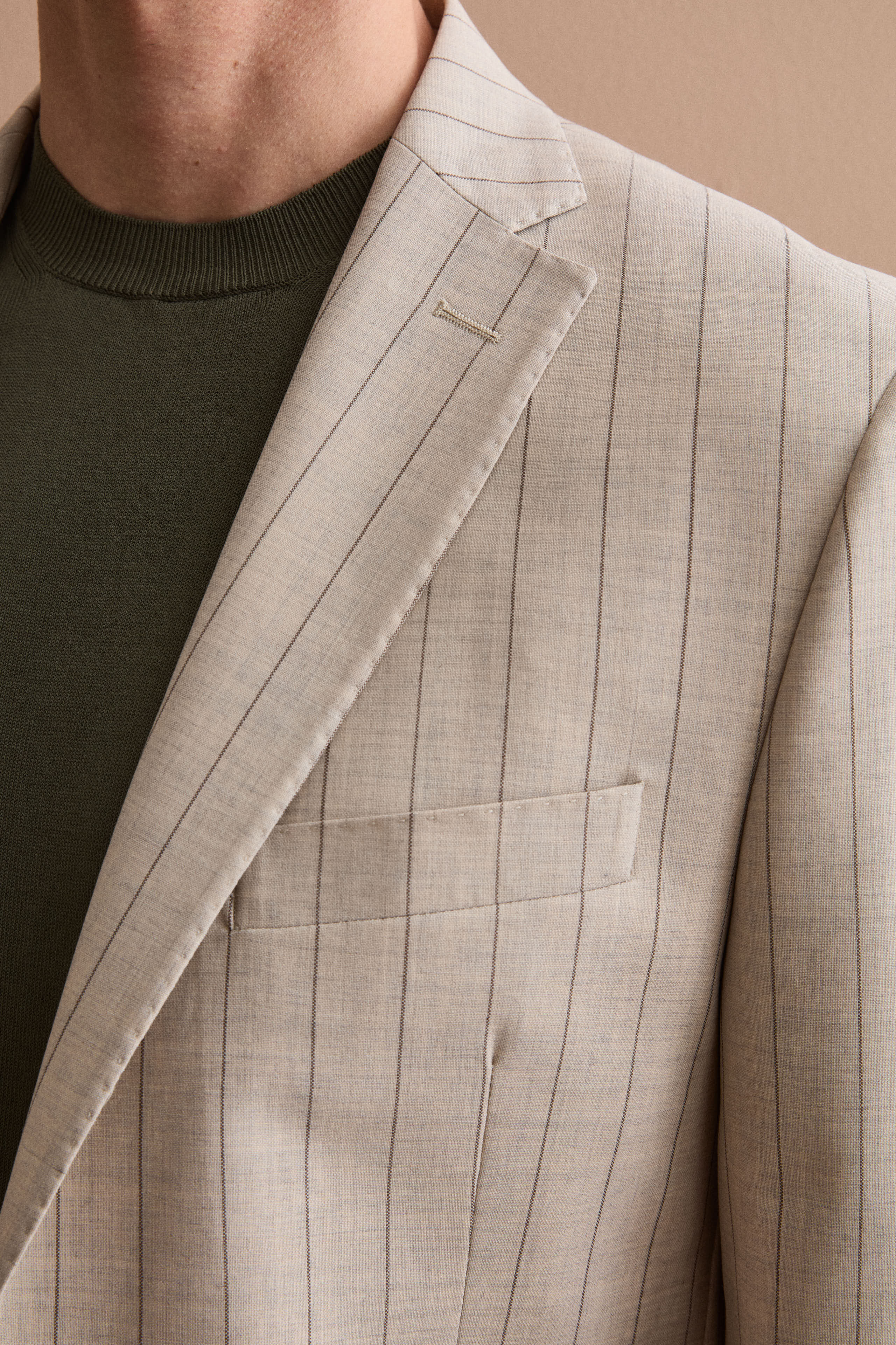 Men’s slim-fit pinstripe virgin wool suit - Beige pinstripe
