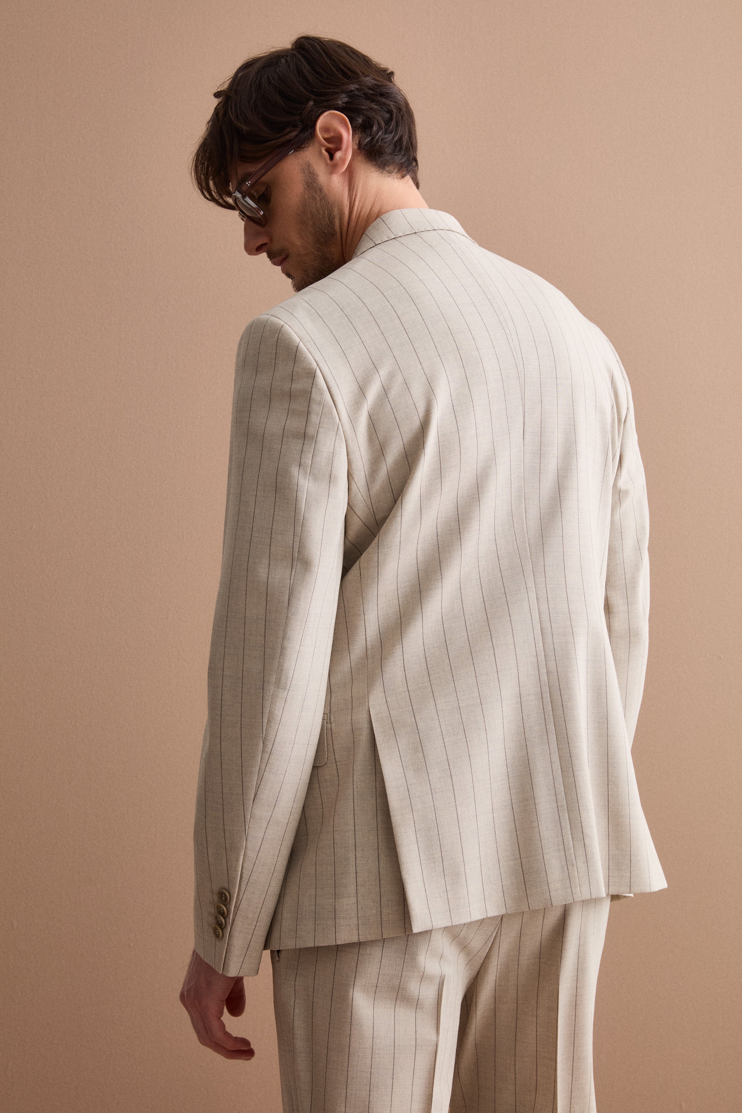 Men’s slim-fit pinstripe virgin wool suit - Beige pinstripe