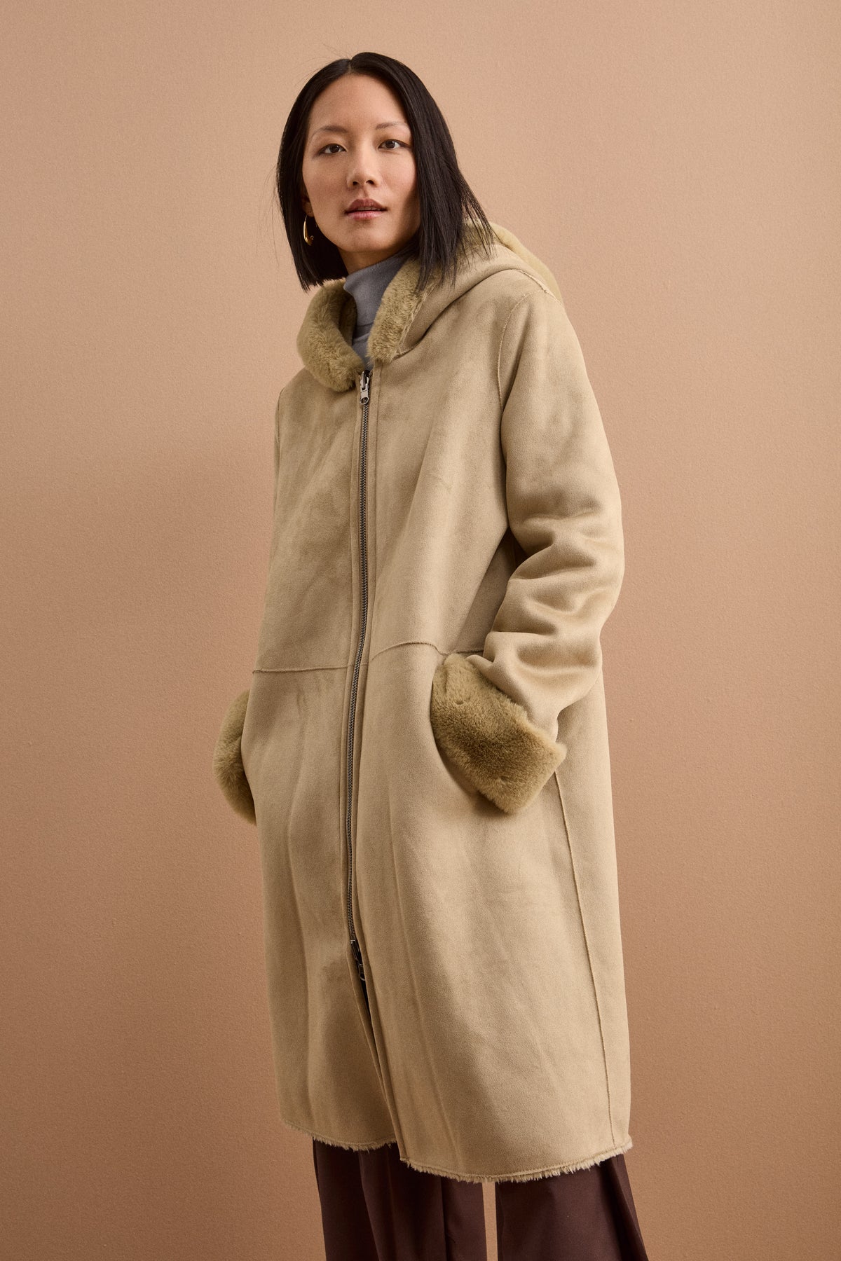 Cappotto Eco-Montone Reversibile con Cappuccio - VERDINO