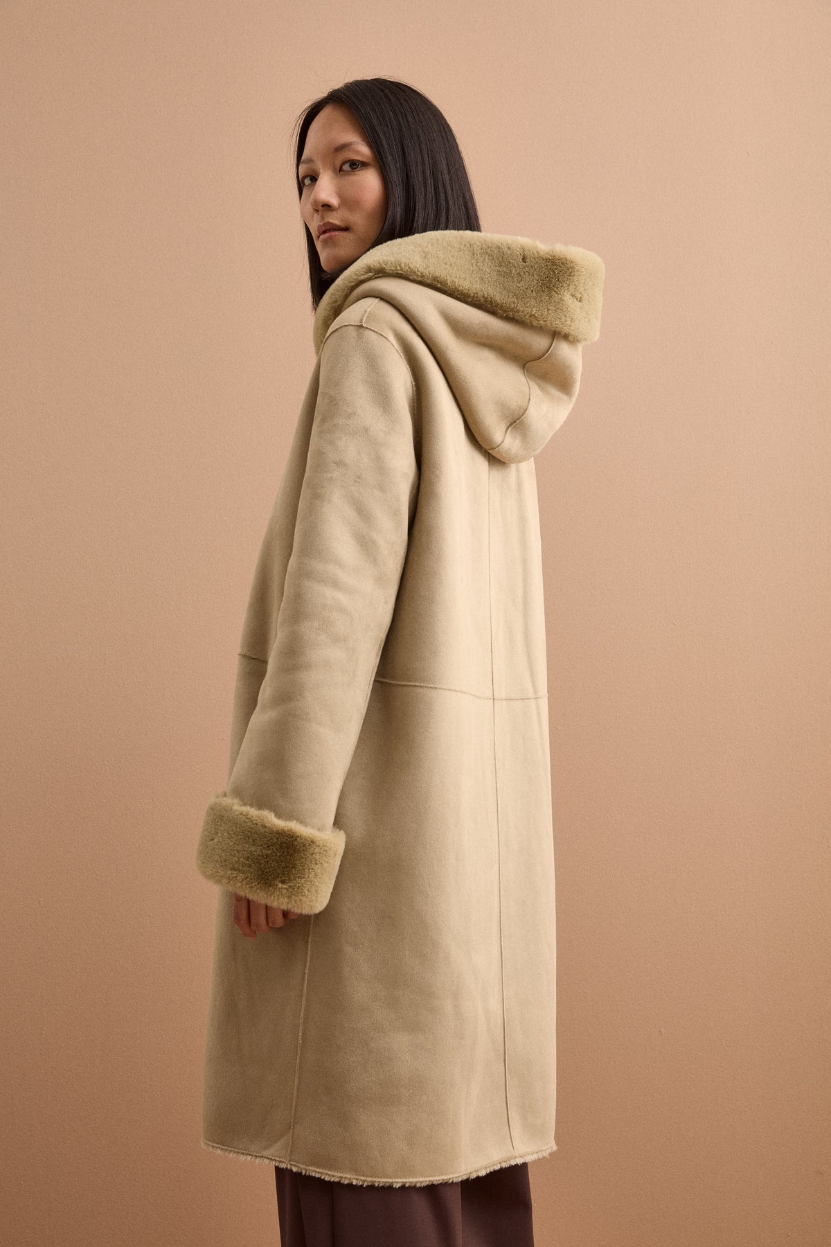 Cappotto Eco-Montone Reversibile con Cappuccio - VERDINO
