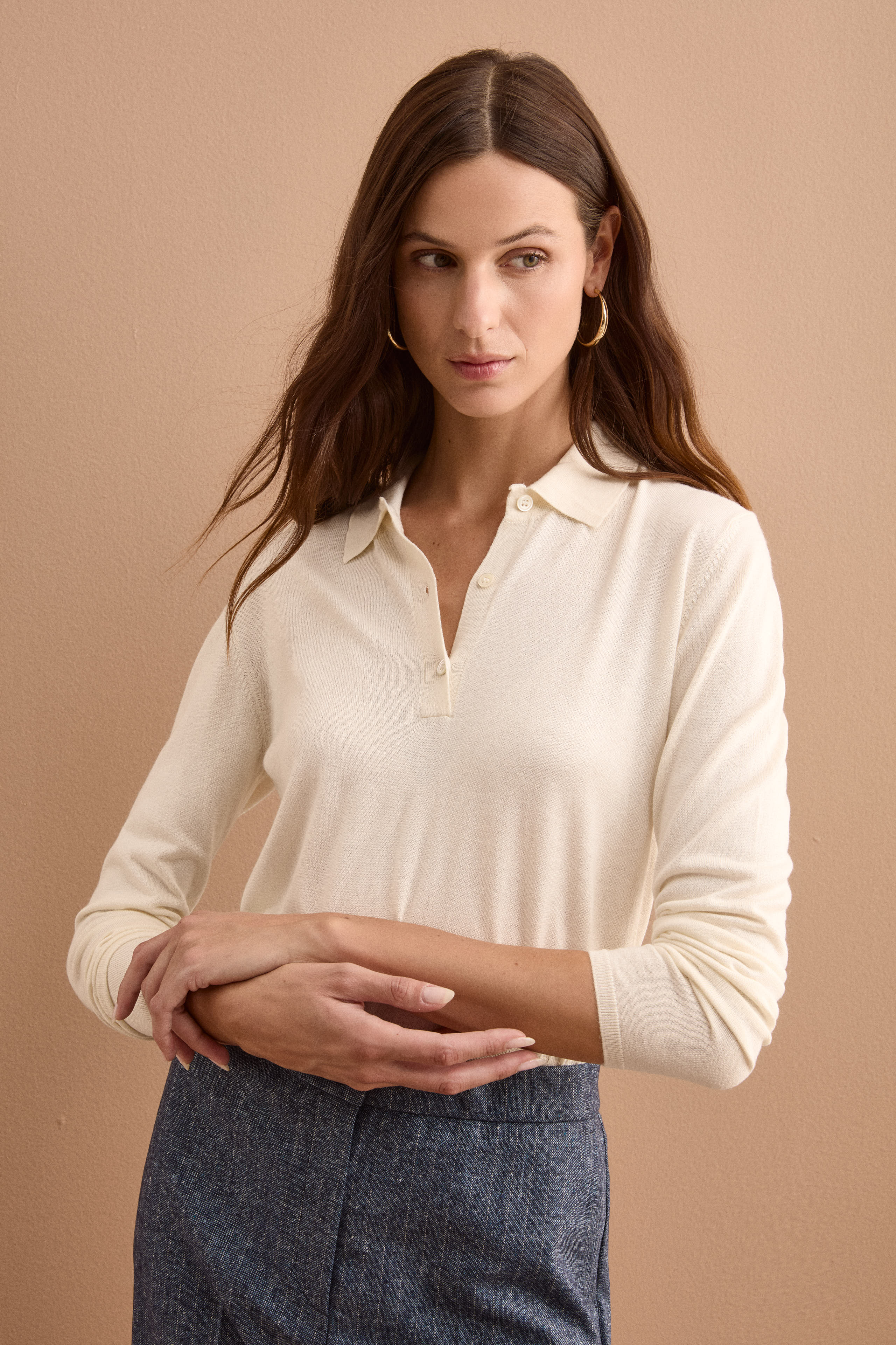 Polo Boxy Manica Lunga in Seta e Cashmere - PANNA
