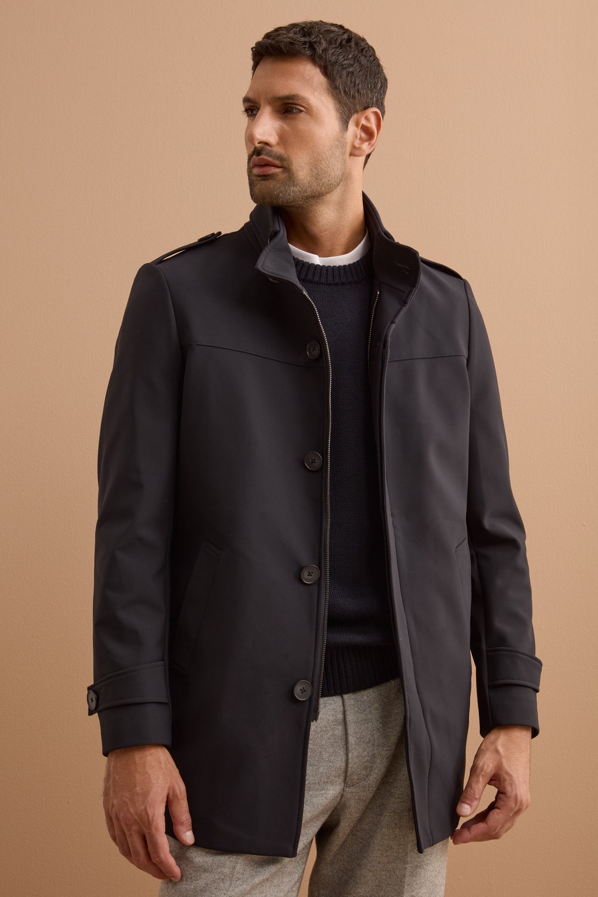 Impermeabile Stretch Monopetto con Zip - BLU
