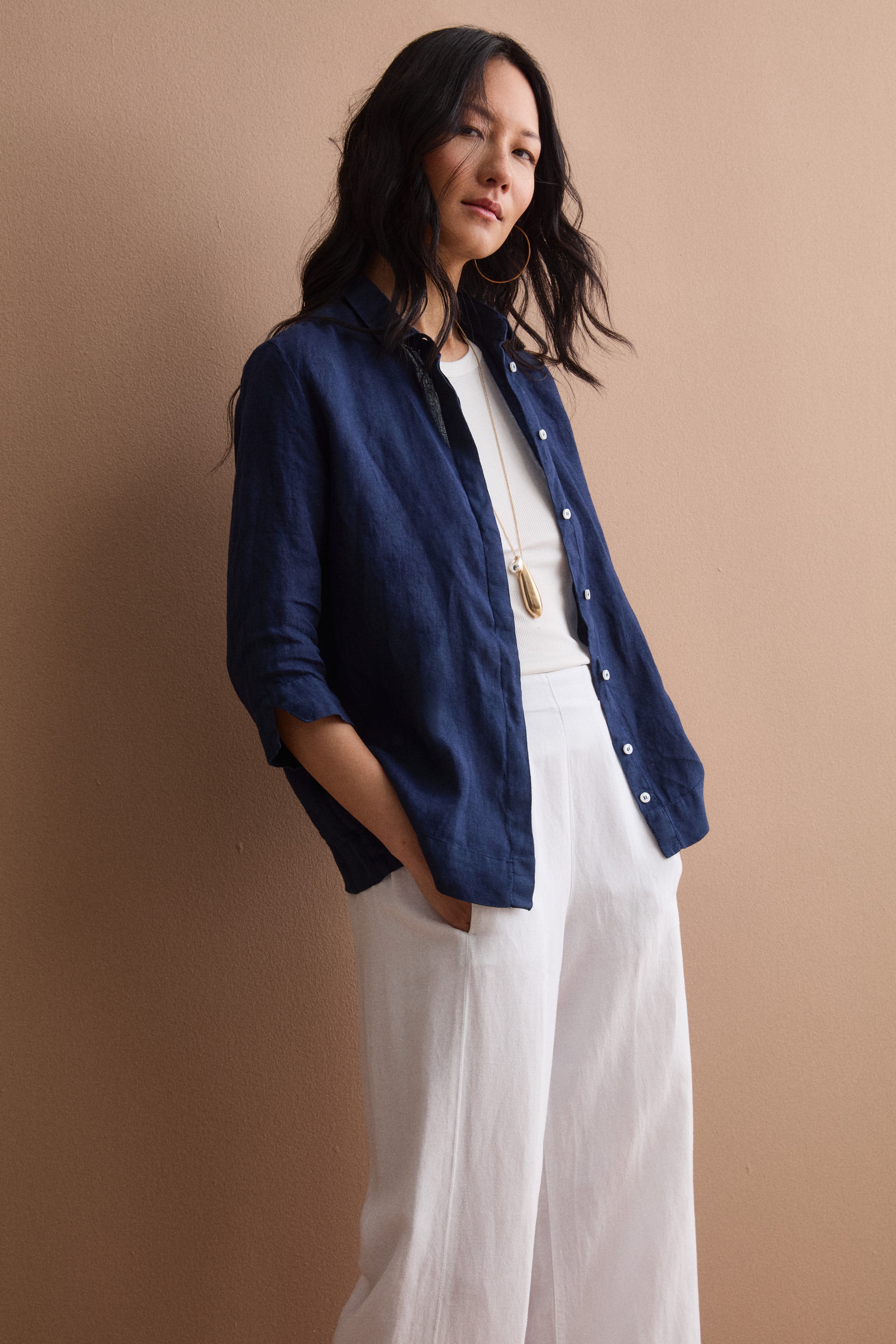 Soft Boxy Linen Shirt - Navy blue