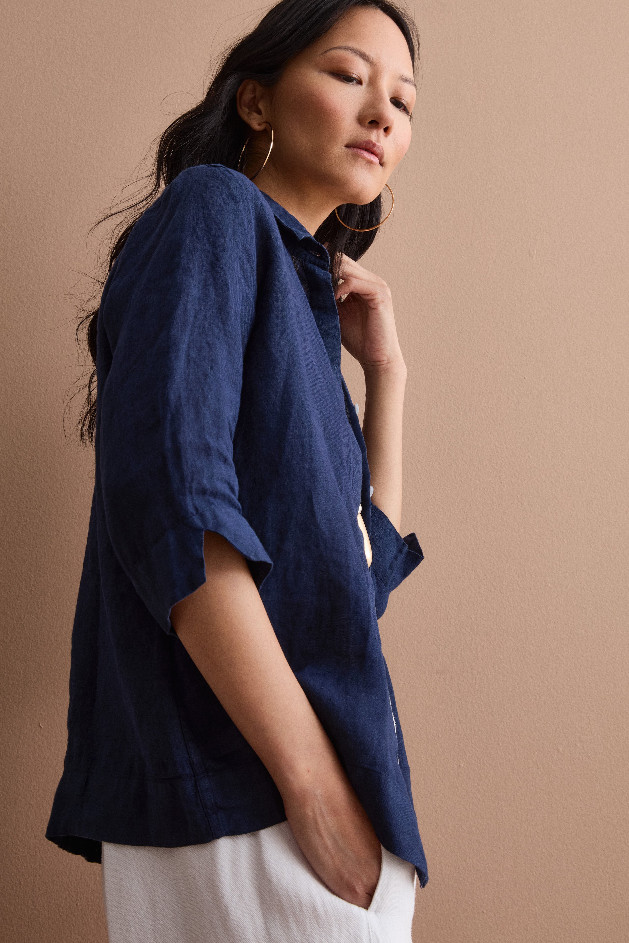 Soft Boxy Linen Shirt - Navy blue