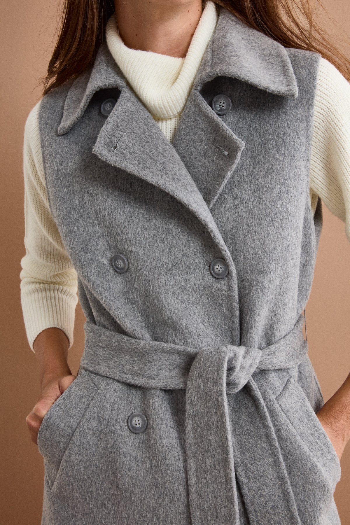 Long Double-Breasted Double-Faced Wool-Blend Vest - GREY