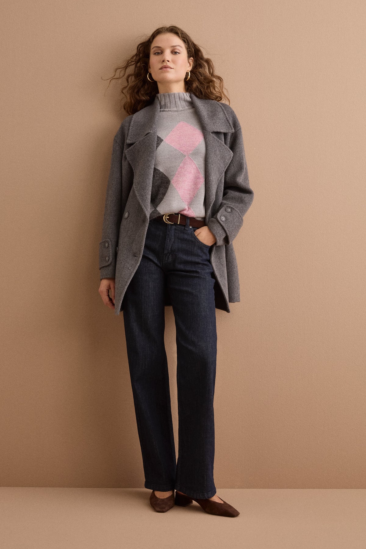 Cappotto Midi Doppiopetto con Cintura in Misto Lana - GRIGIO