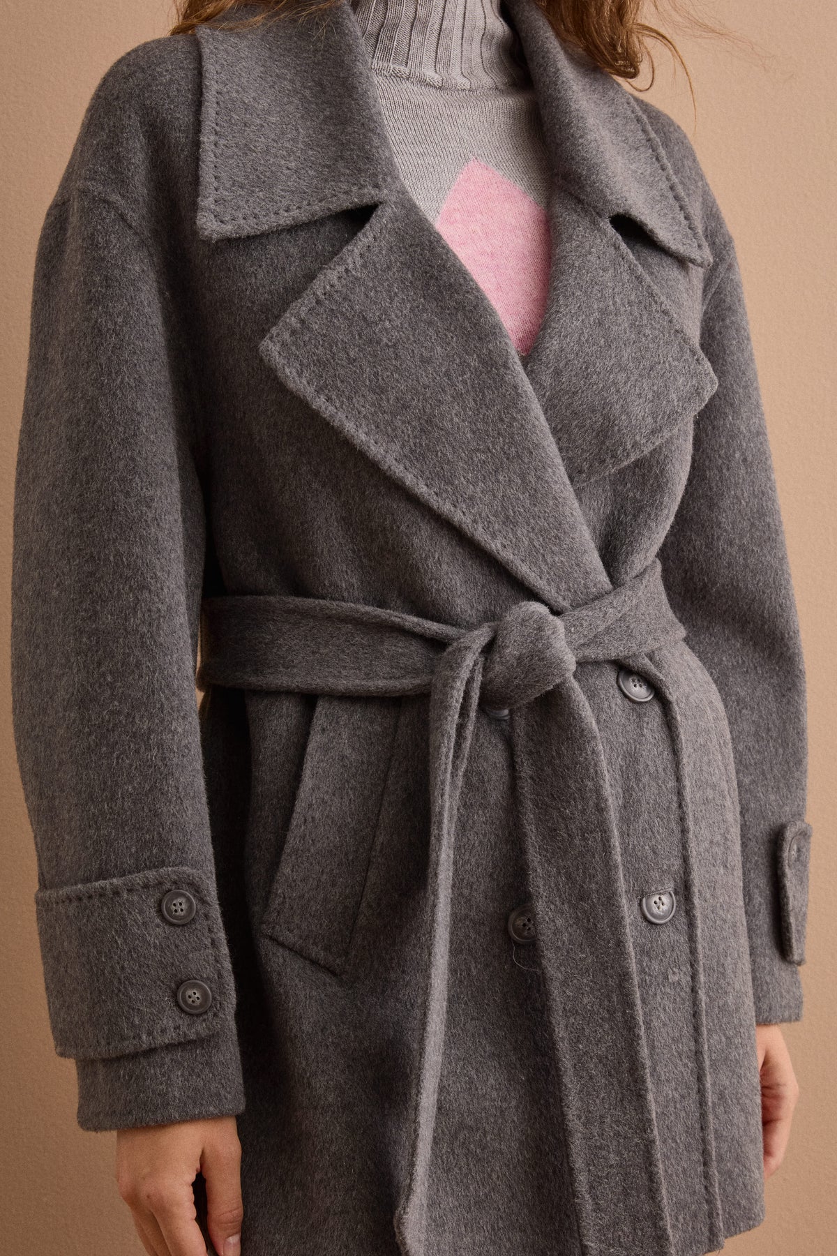 Cappotto Midi Doppiopetto con Cintura in Misto Lana - GRIGIO