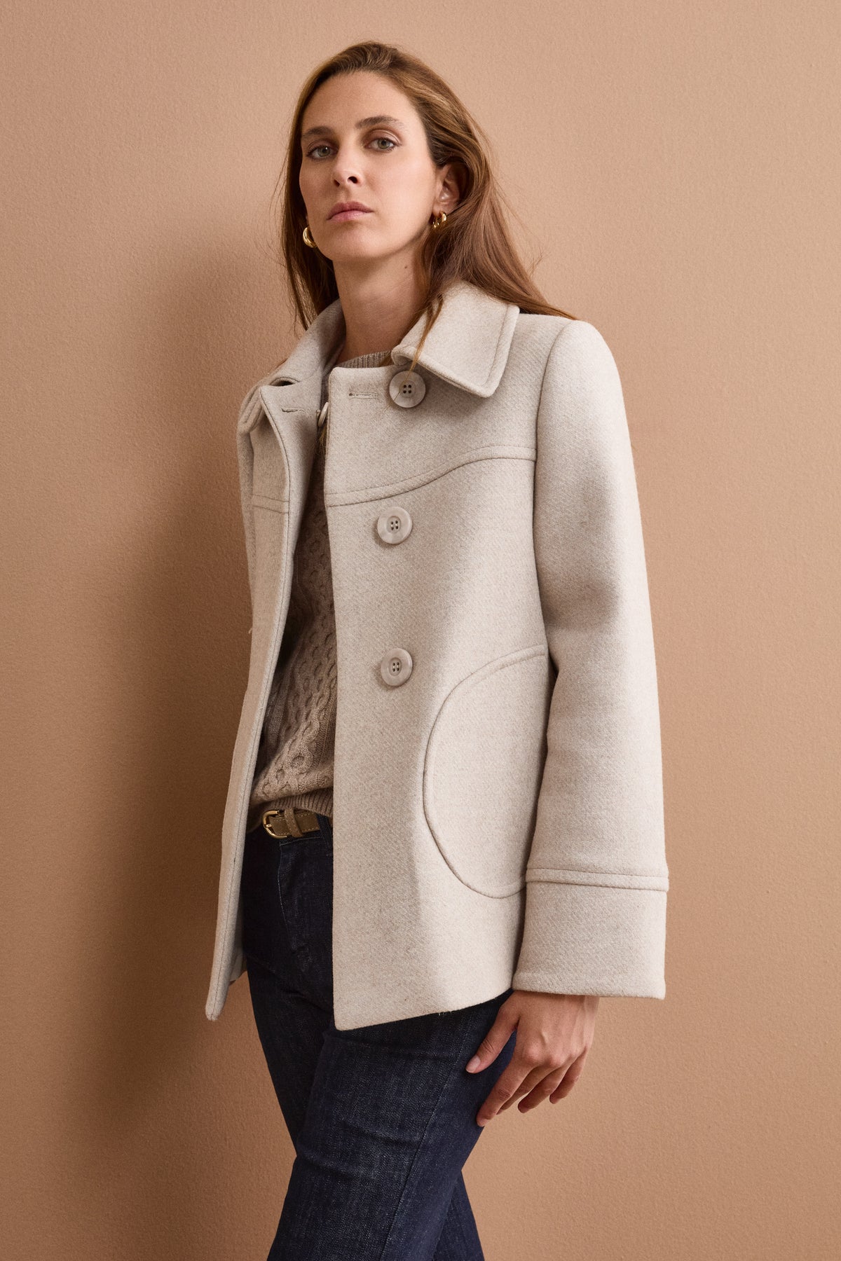 Short Wool-Blend Coat with Shirt Collar - Natural