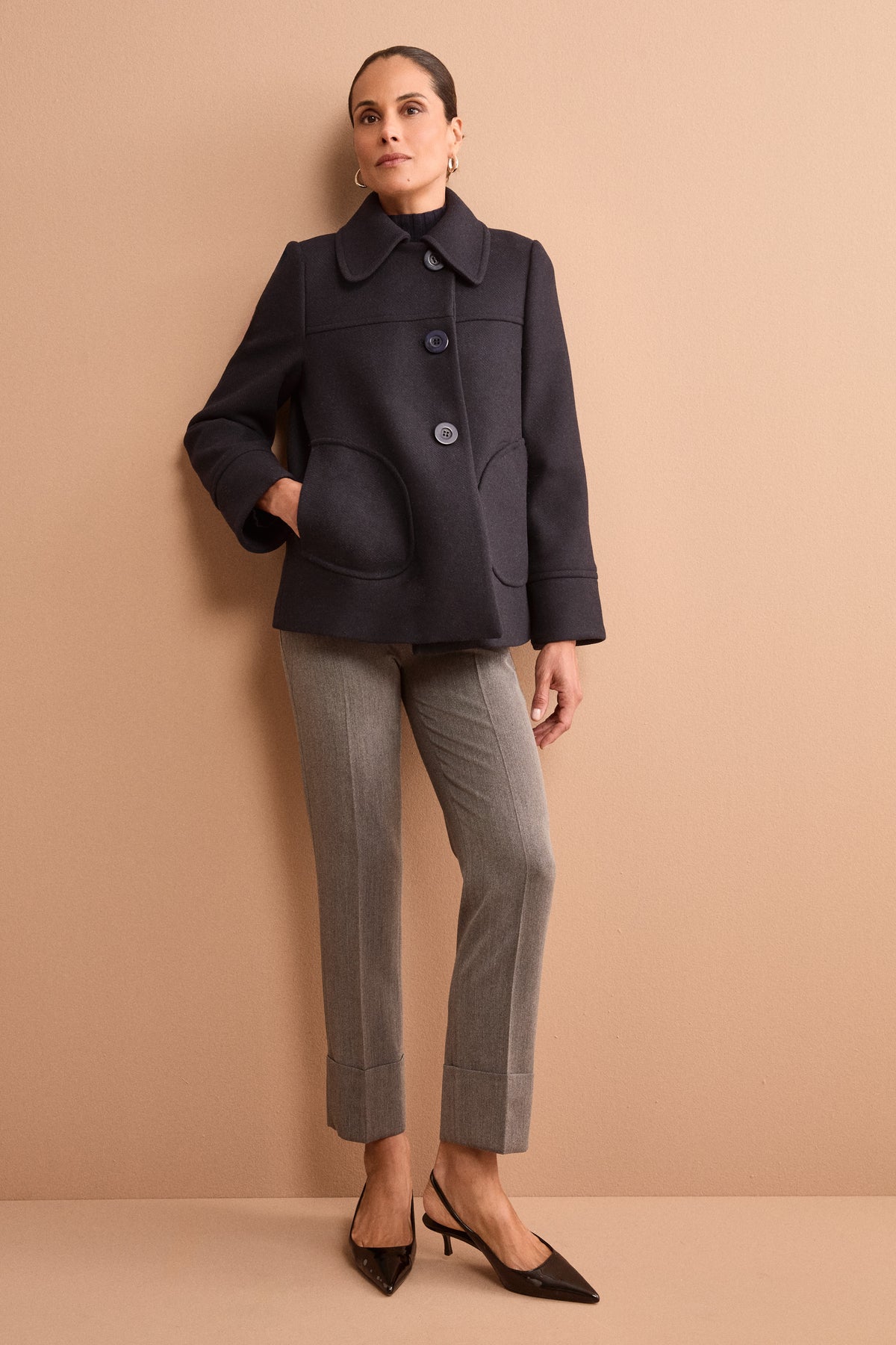Cappotto Corto con Collo a Camicia in Misto Lana - BLU