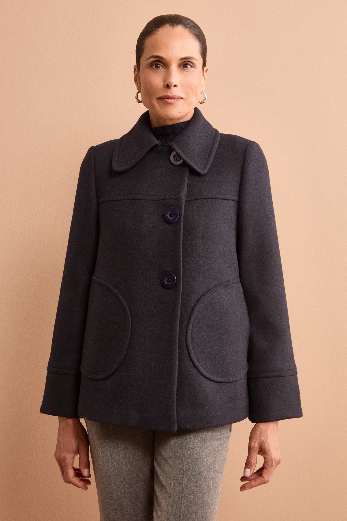 Cappotto Corto con Collo a Camicia in Misto Lana - BLU