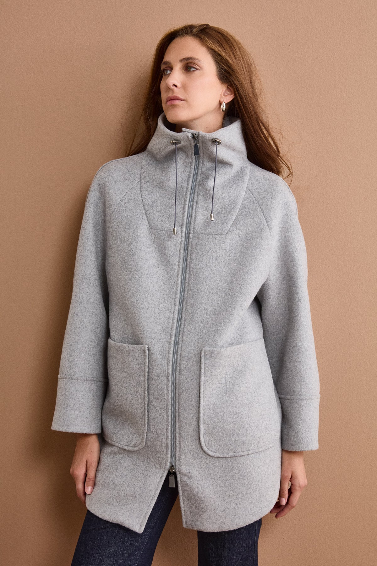 Midi Wool-Blend Coat with Zip and Belt - GREY