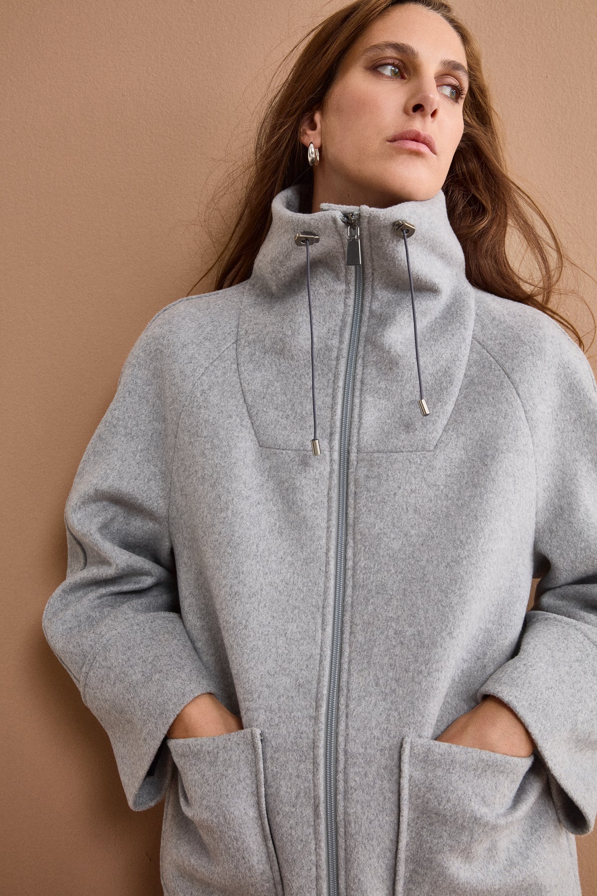 Midi Wool-Blend Coat with Zip and Belt - GREY