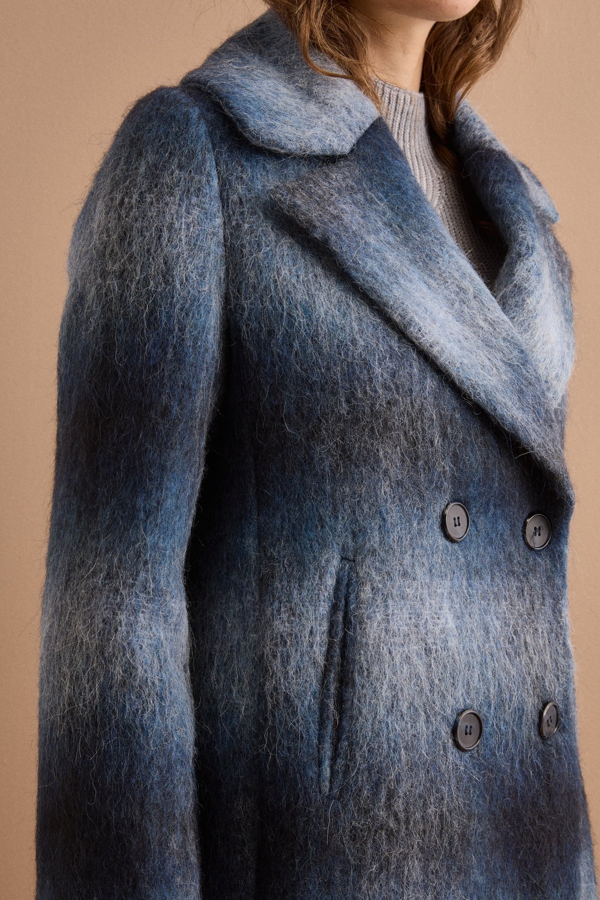 Cappotto Lungo Doppiopetto Melange Sfumato - BLU