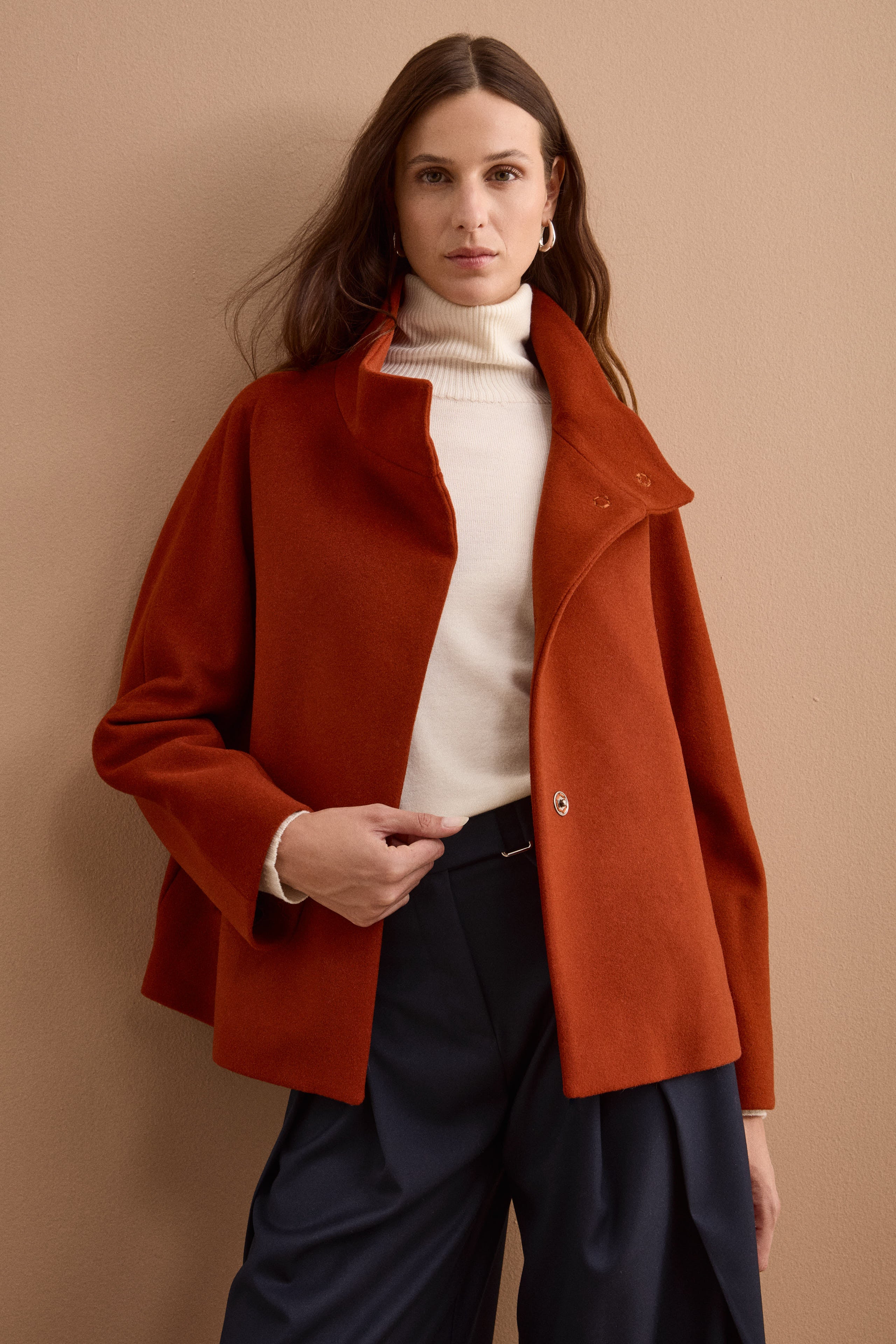 Short Lined Wool and Cashmere Coat - Brick red