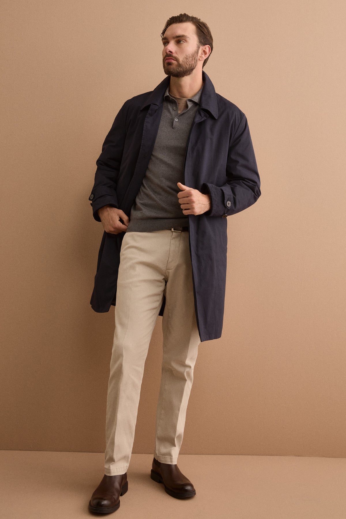 Midi Cotton-Blend Trench Coat with Belt - BLUE