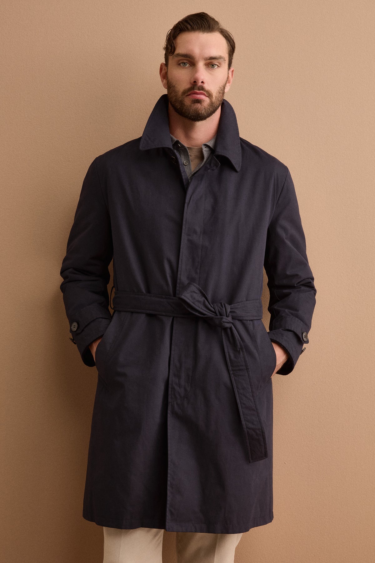 Midi Cotton-Blend Trench Coat with Belt - BLUE