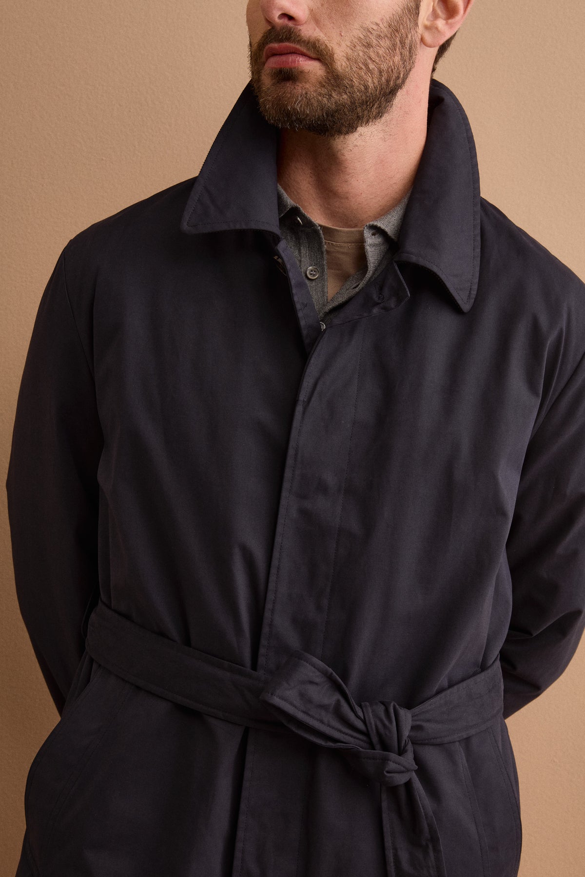 Midi Cotton-Blend Trench Coat with Belt - BLUE