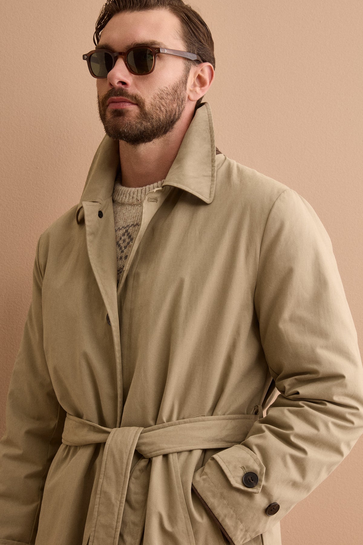 Trench Midi in Misto Cotone con Cintura - BEIGE