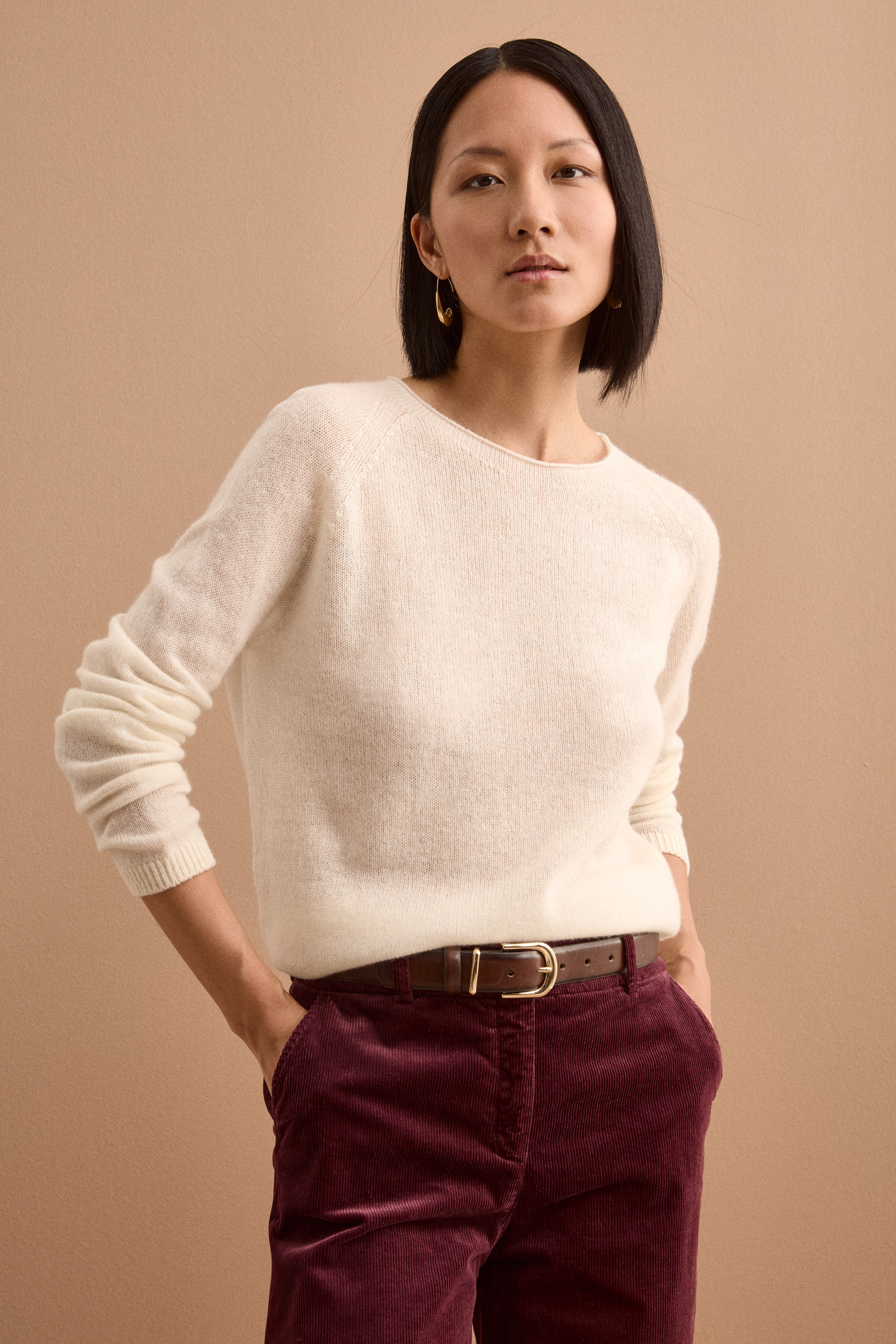 Pull Raglan Col Bateau en Cachemire - CREAM