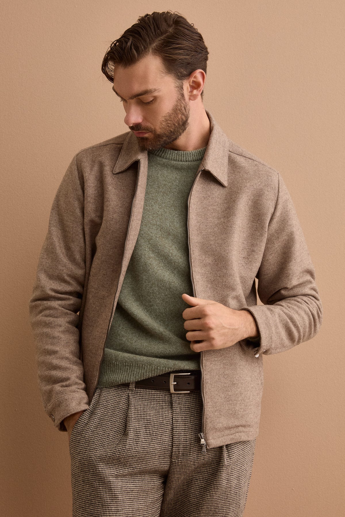 Wool-Blend Overshirt Jacket with Zip - Brown