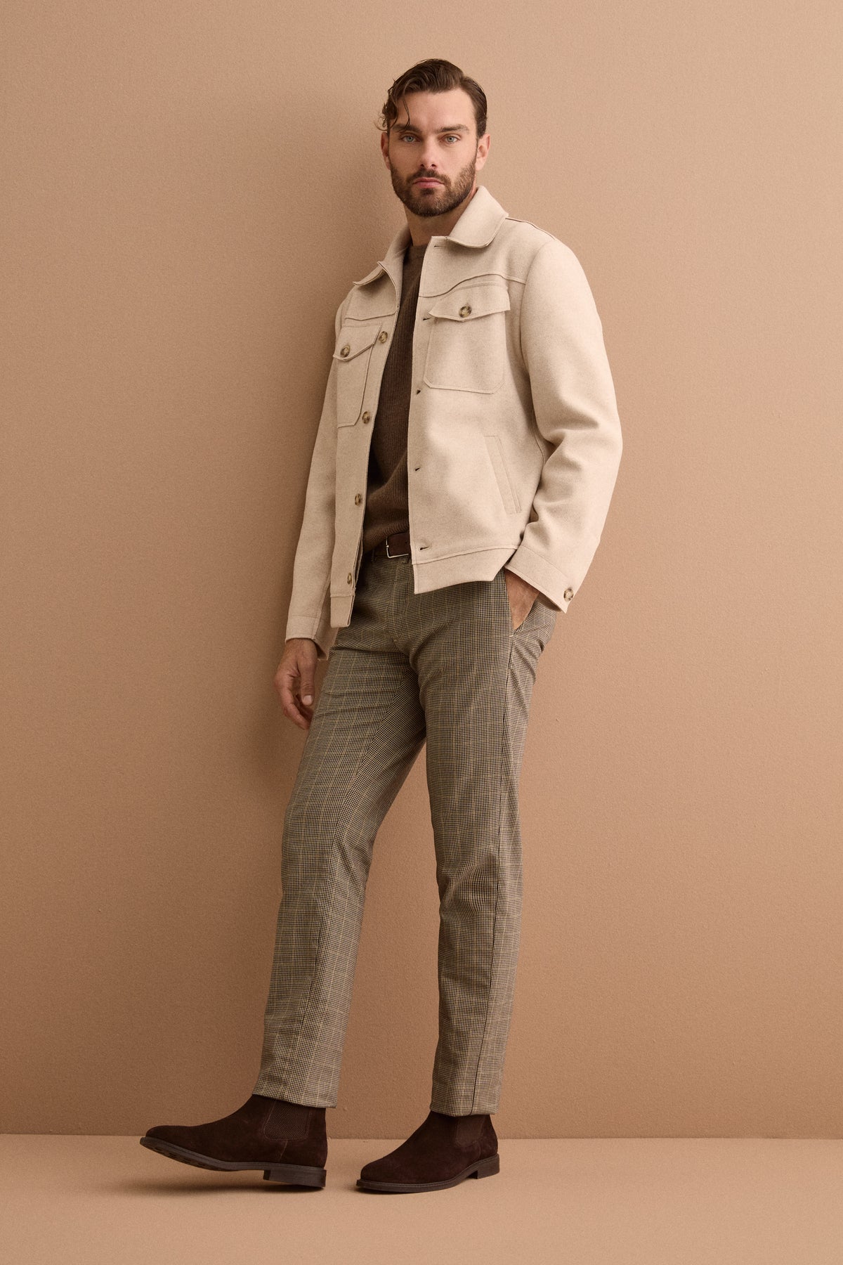 Giubbotto Overshirt Sfoderato con Tasche - BEIGE