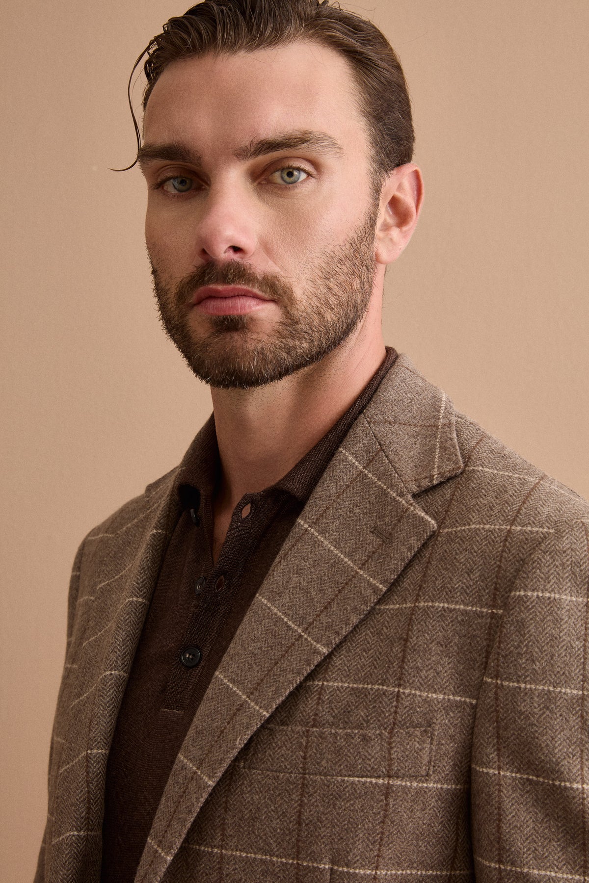 Men’s Slim-Fit Check Wool-Blend Jacket with Classic Lapels - brown