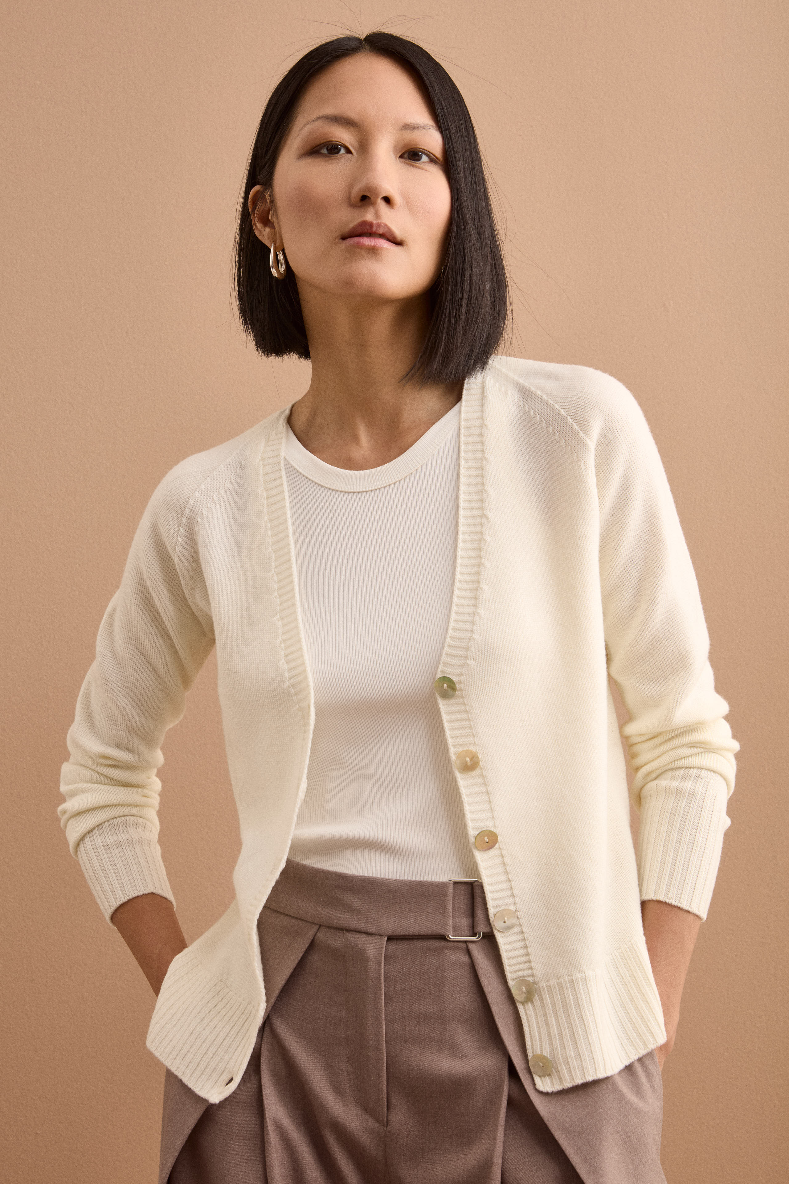 Merino Wool V-Neck Cardigan with Buttons - ECRU