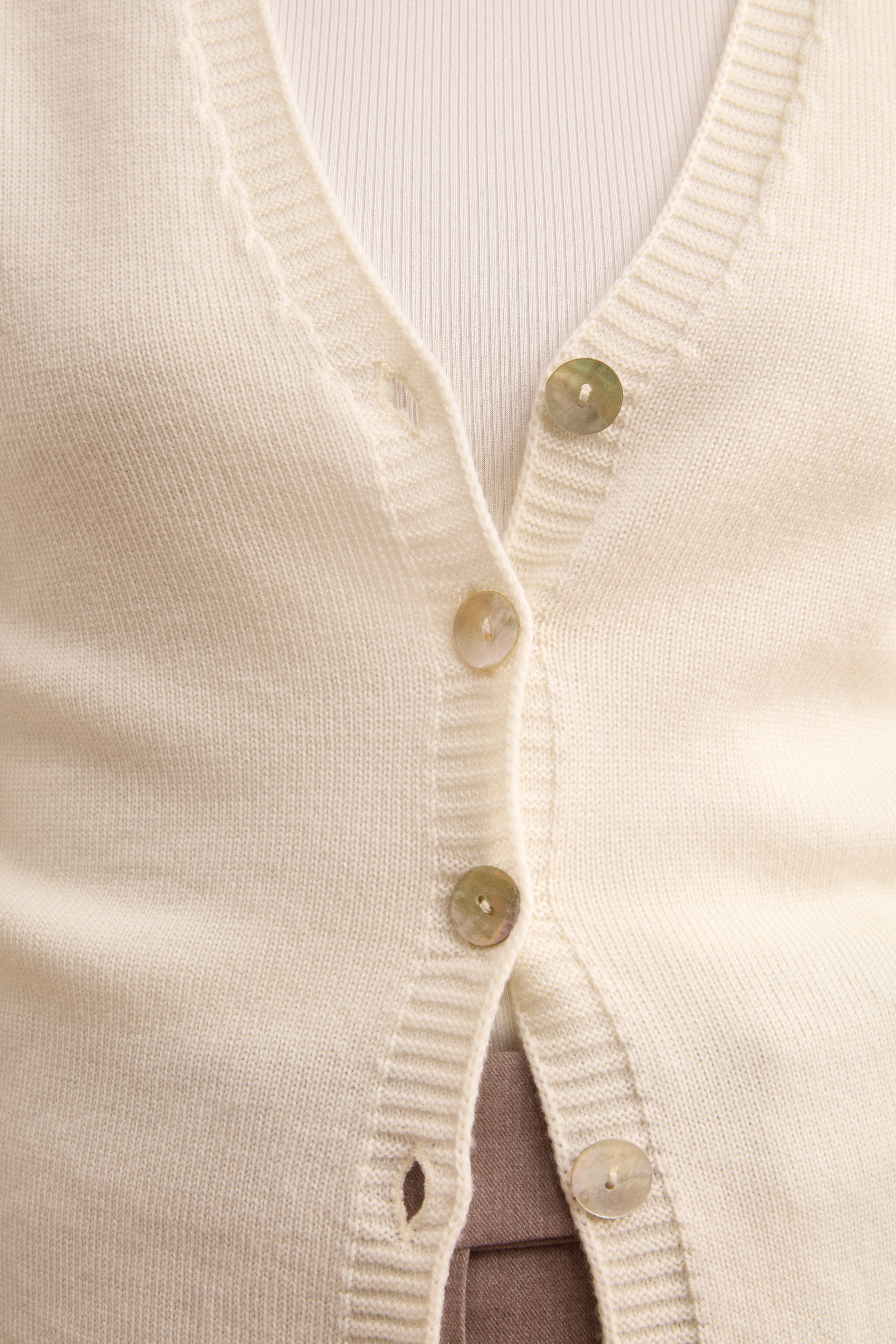 Merino Wool V-Neck Cardigan with Buttons - ECRU
