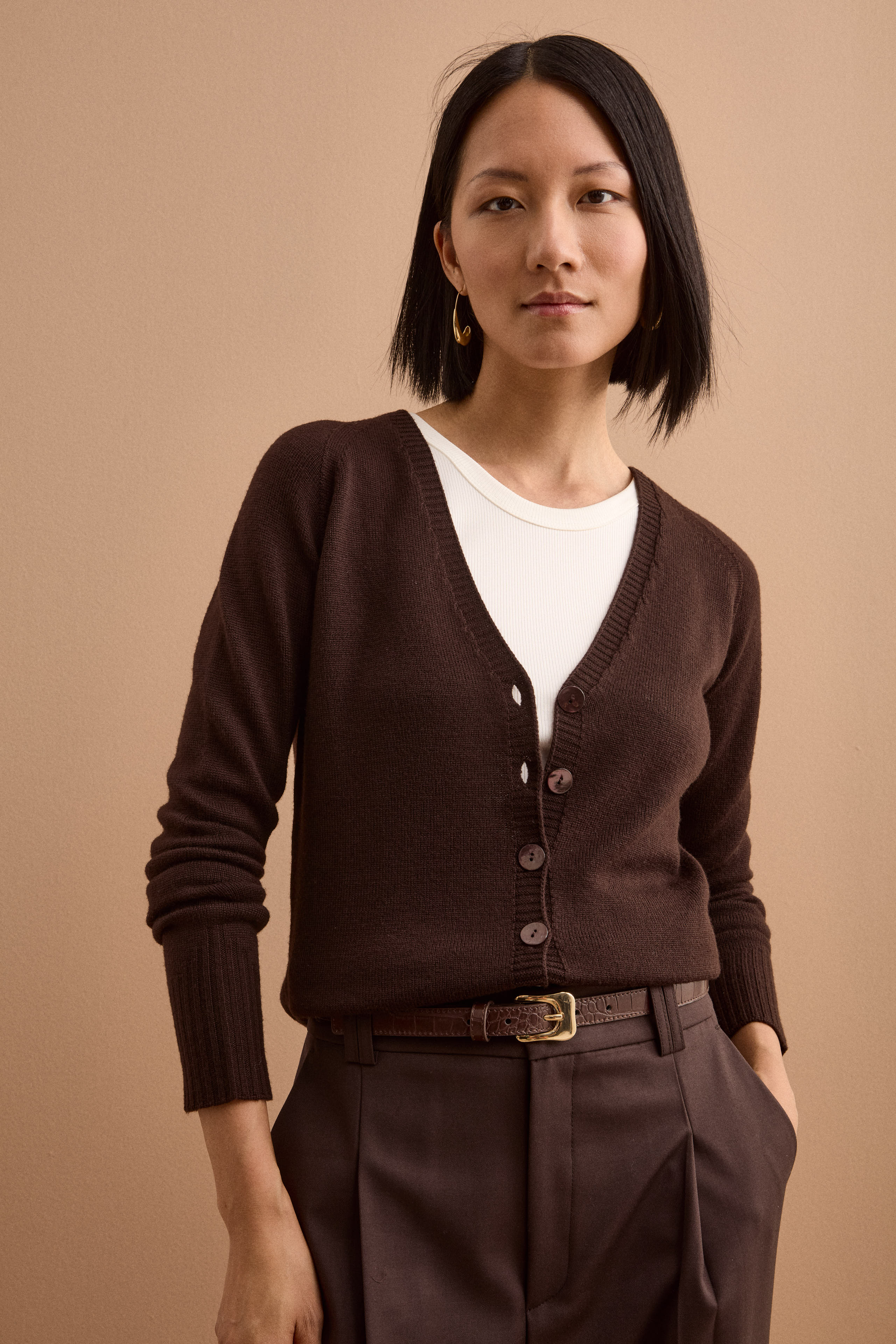 Merino Wool V-Neck Cardigan with Buttons - Dark brown